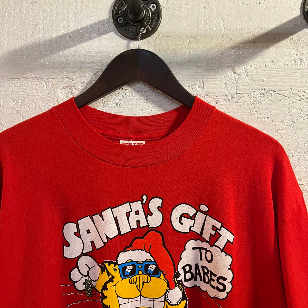 Vintage 90's J. Bates Christmas Cat 'Santa's Gift To Babes' Single Stitch Graphic T-Shirt - Size XL - Made In USA - Red