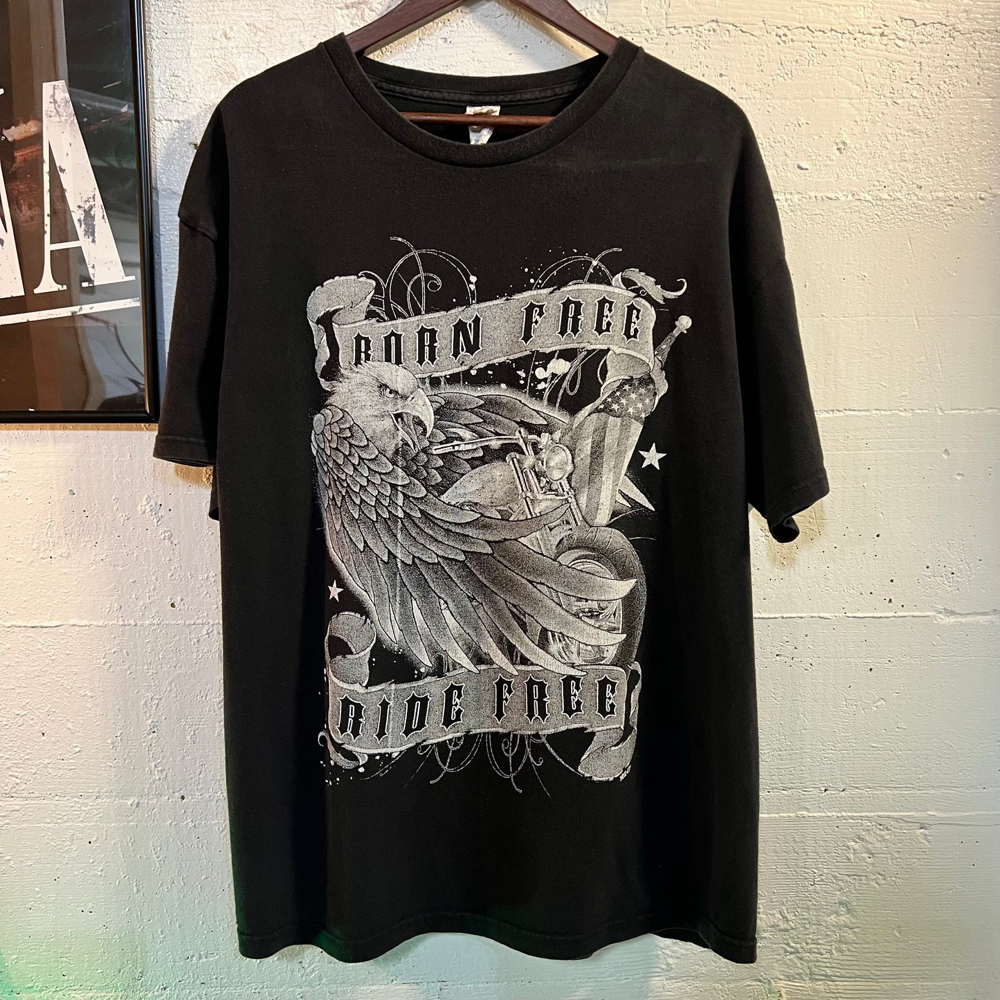 Vintage Born Free Ride Free Eagle Biker T-Shirt - Size XL - Black/White
