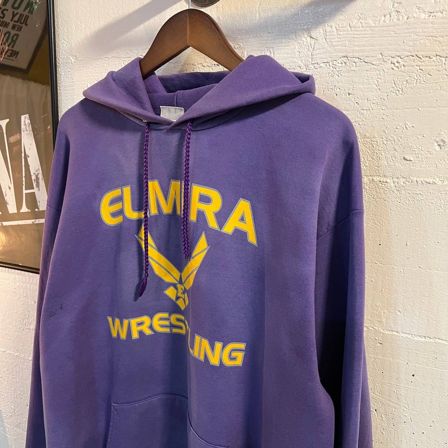 Vintage 2000's Distressed Sun Faded Elmira Wrestling Hoodie Sweatshirt - Size Large - Purple/Yellow/Grey