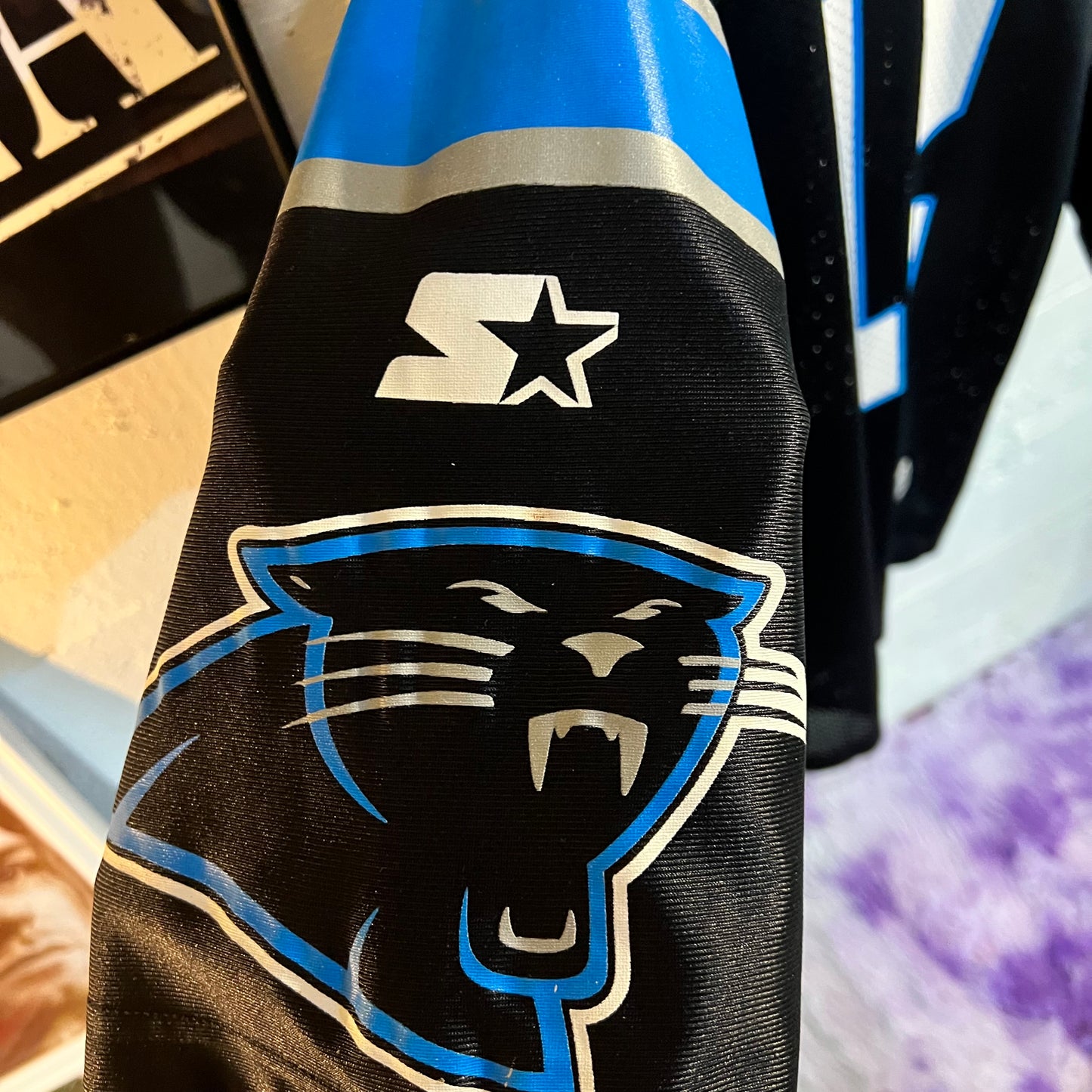 Vintage 90’s Starter Carolina Panthers ‘Collins #12’ Football Jersey - Size Large - Black/White/Blue