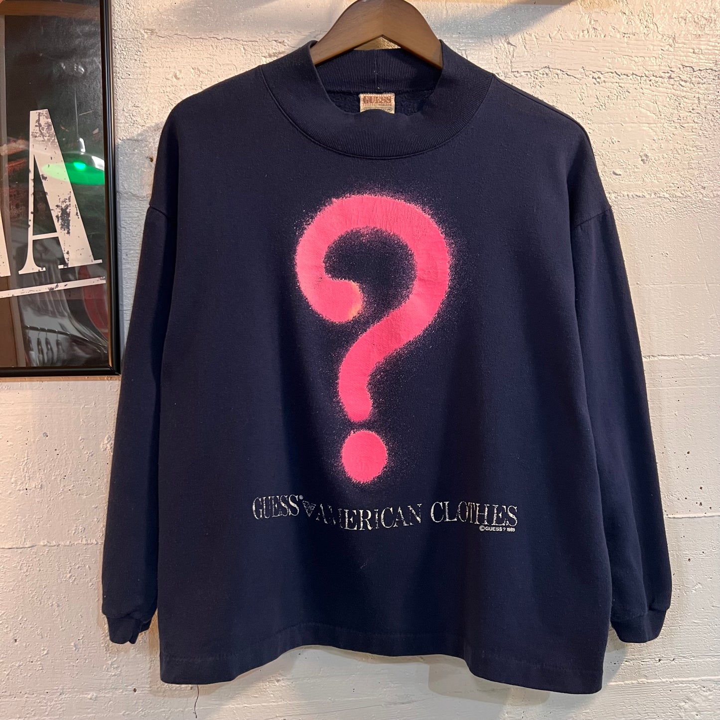 Vintage 1989 Guess By Georges Marciano '?' Logo Mock Neck Sweatshirt - Size Medium - Made In USA - Single Stitch - Navy/Pink