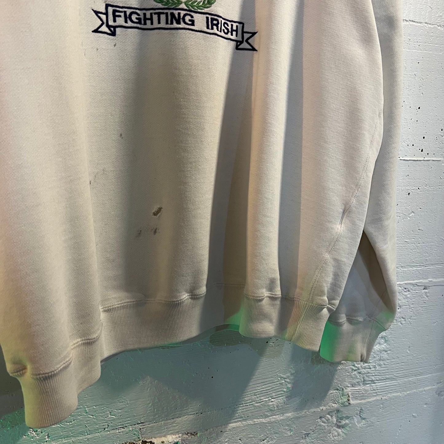 Vintage 90's Distressed Notre Dame Fighting Irish Logo 7 Embroidered Crewneck Sweatshirt - Size Large - Made In USA