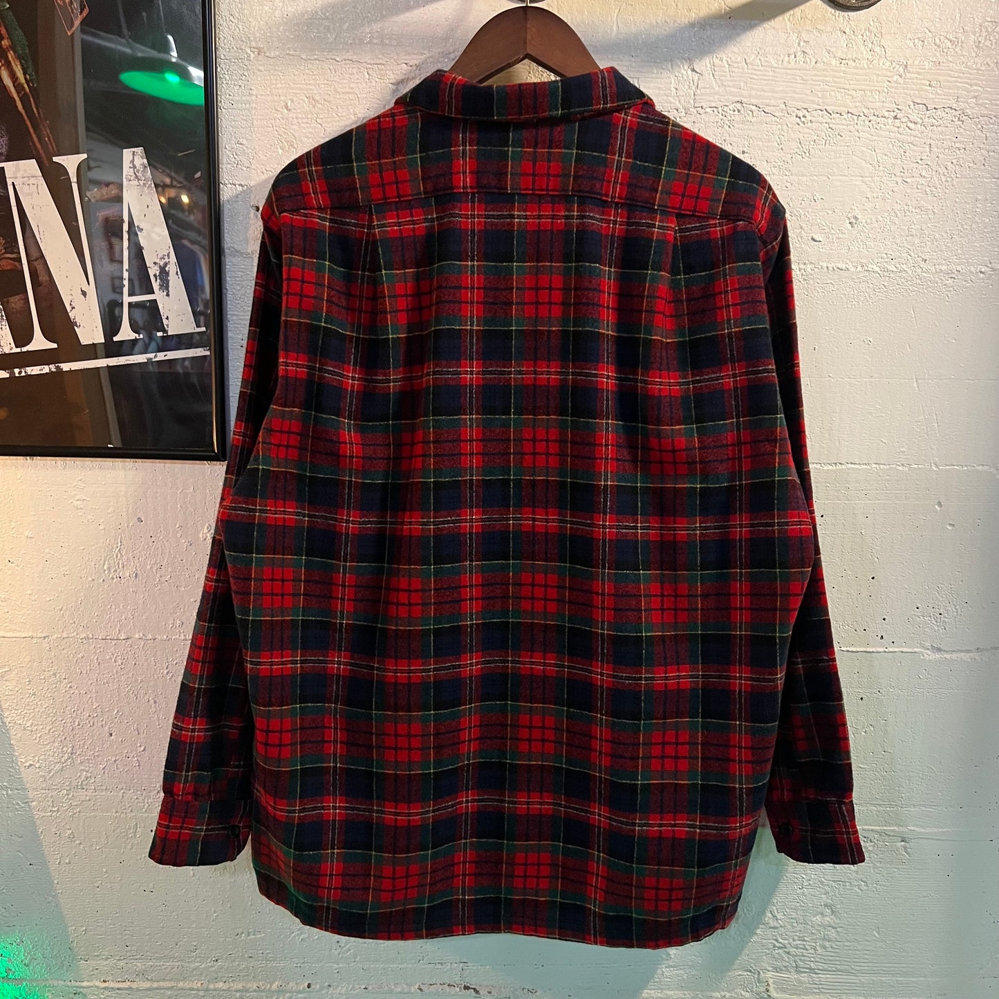 Vintage 60's/70's Pendleton Plaid Virgin Wool Board Shirt W/ Loop Collar - Size Large - Made In USA - Red/Green/Blue/Yellow