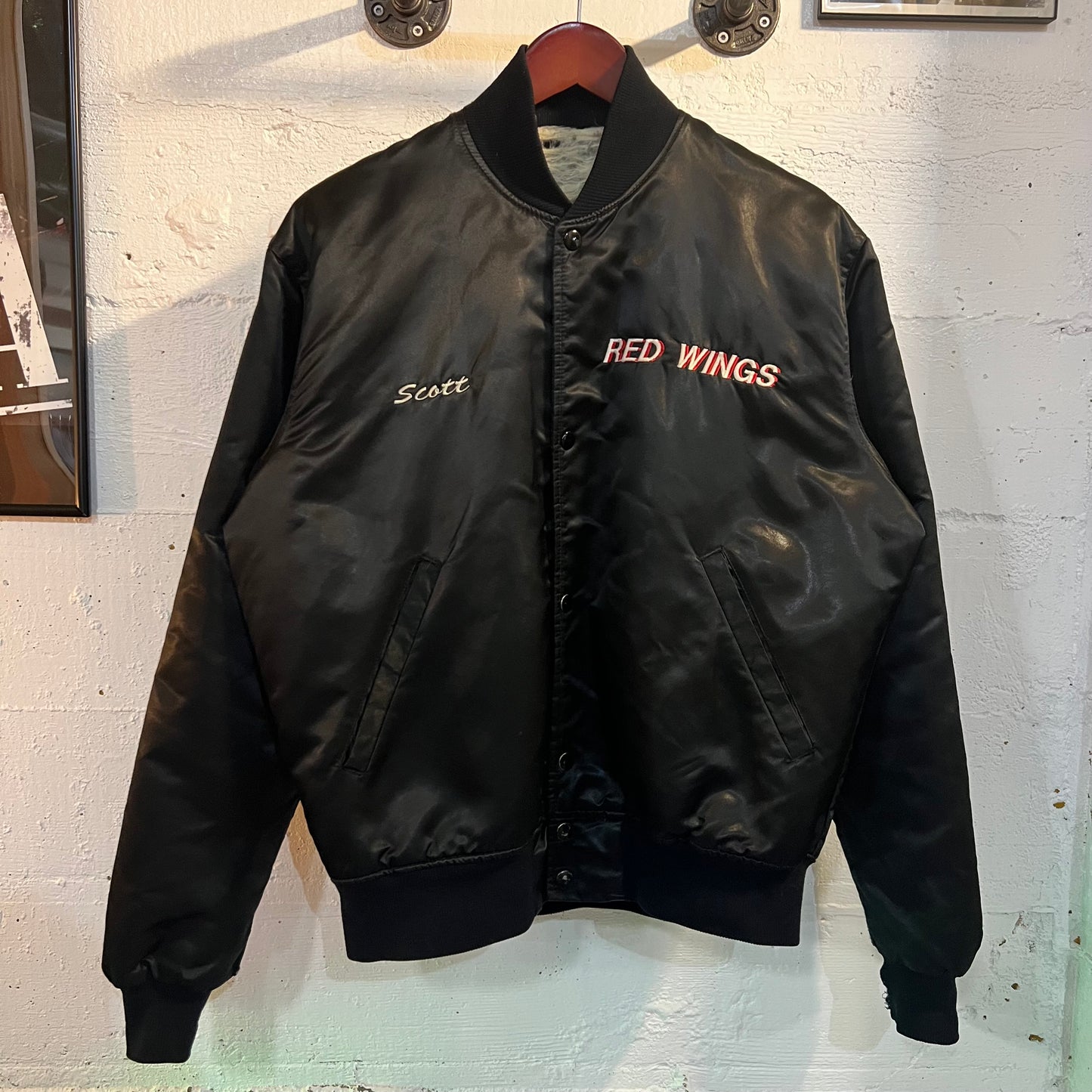 Vintage 80's Starter NHL Center Ice Detroit Red Wings Satin Bomber Jacket - Size Medium - Made In USA - Black/Red
