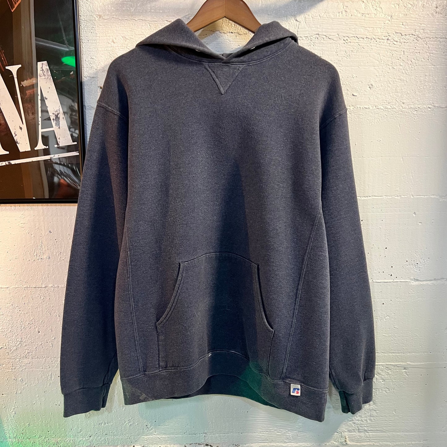 Vintage Y2K Russell Athletic Blank Distressed Pullover Hoodie - Size Large - Charcoal Grey