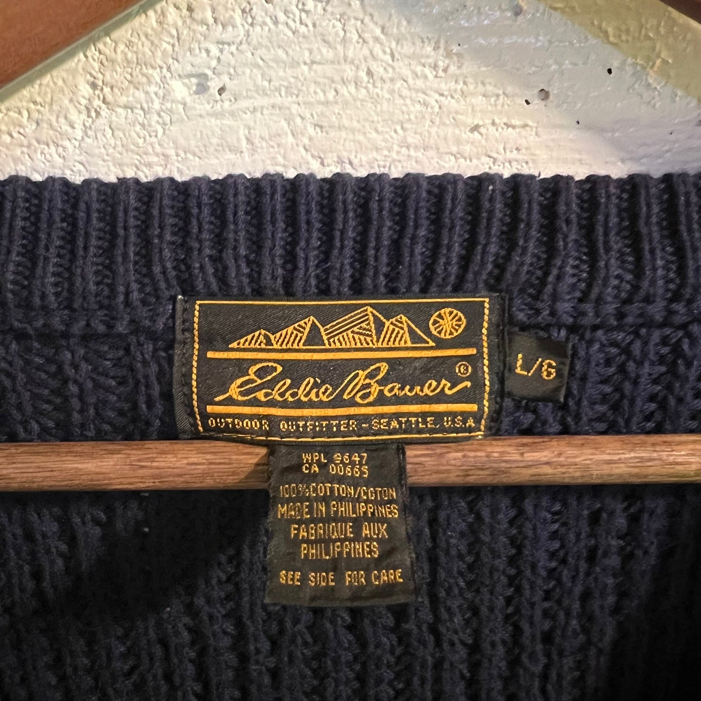 Vintage Eddie Bauer Cotton Knit V-Neck Sweater - Size Large - Navy - 100% Cotton