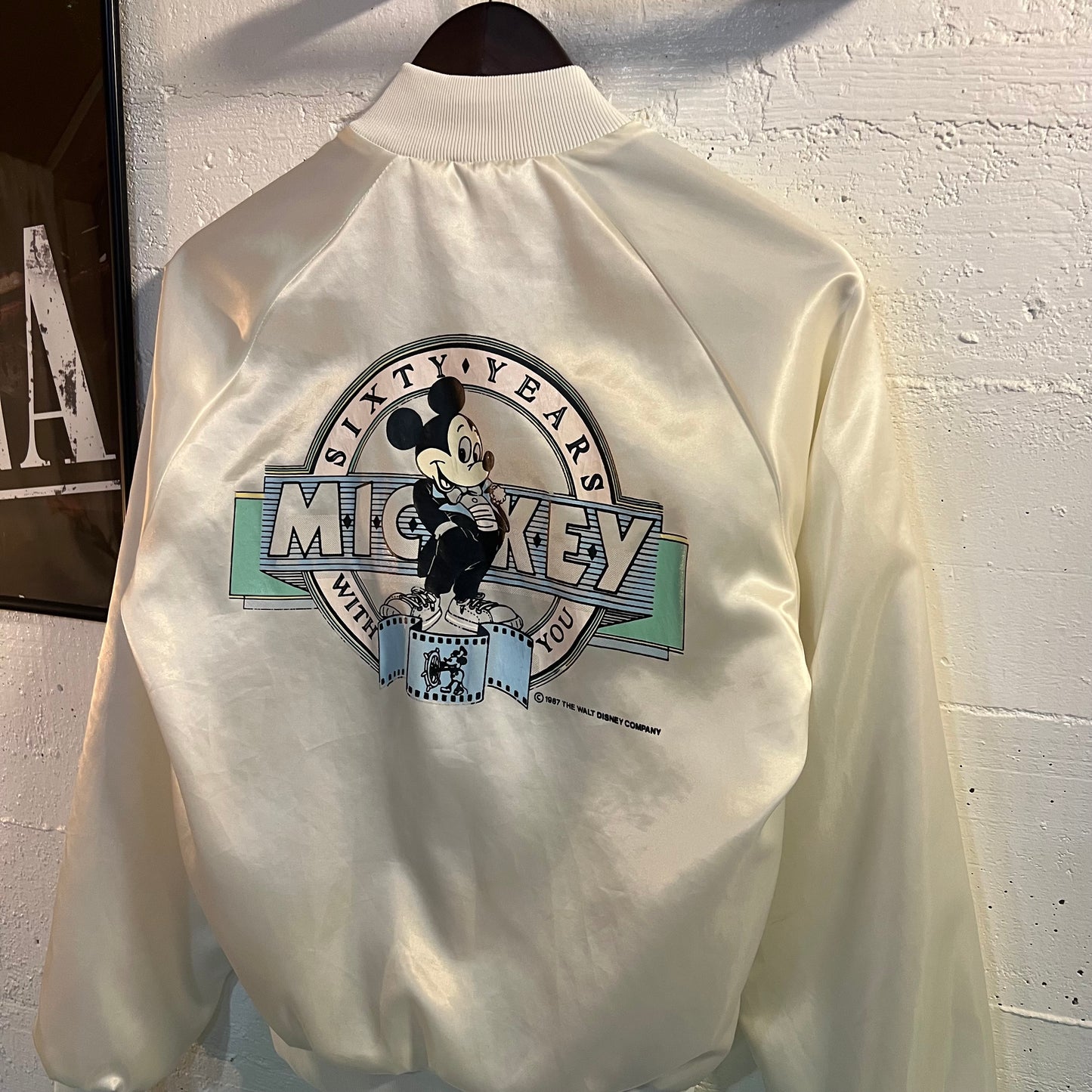 Vintage 1987 Walt Disney Mickey Mouse 60 Year Anniversary Satin Bomber Jacket - Size Small - White - Chalk Line