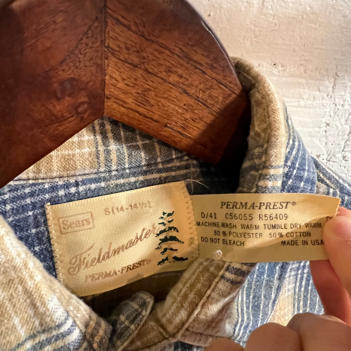 True Vintage 1970's Fieldmaster By Sears Perma-Prest Shadow Plaid Button Up Flannel Shirt - Size Small - Made In USA - Blue/Tan/White