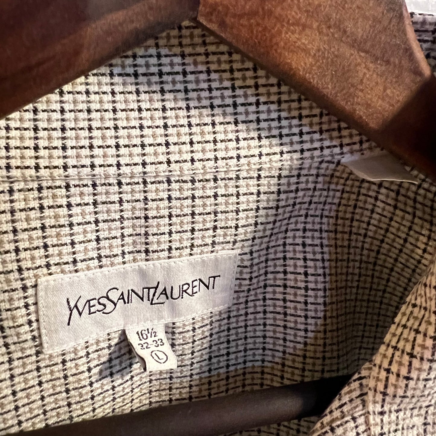 Vintage 90's Yves Saint Laurent Plaid Style Button Up Shirt - Size Large (16.5-32/33) - Off-White/Tan/Black