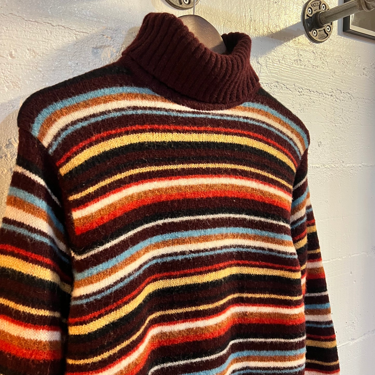 Vintage Striped Norwegian Style Wool Turtle-Neck Knitted Sweater - Size Large - Multicolor