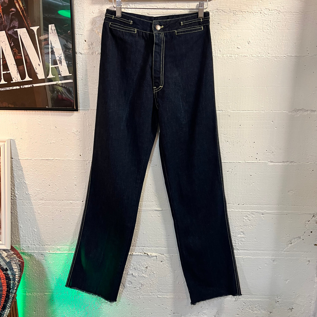 Vintage 70’s Jean St. Germain Paris High Waisted Raw Denim Jeans - Size Women’s 10/11 - Fabric Made In USA - Raw Denim