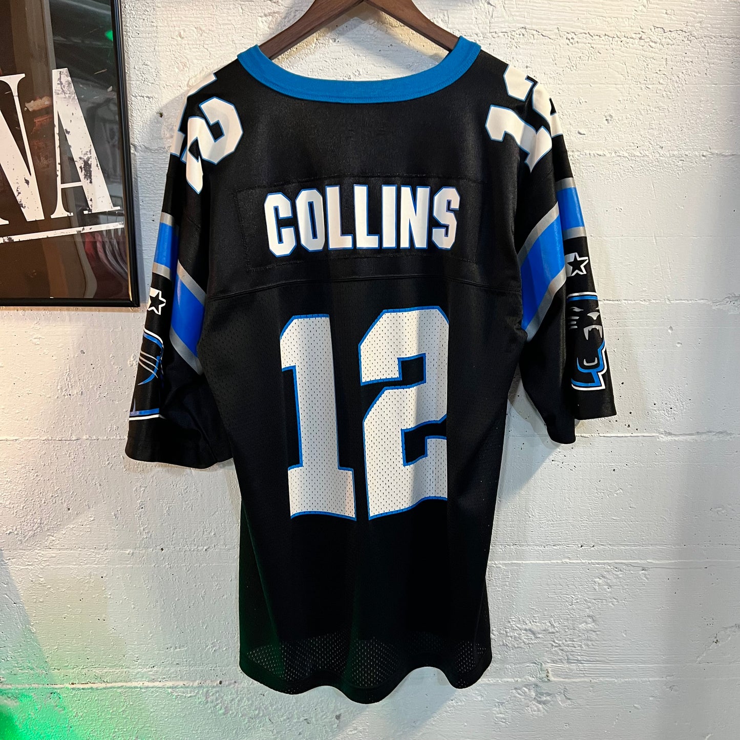 Vintage 90’s Starter Carolina Panthers ‘Collins #12’ Football Jersey - Size Large - Black/White/Blue