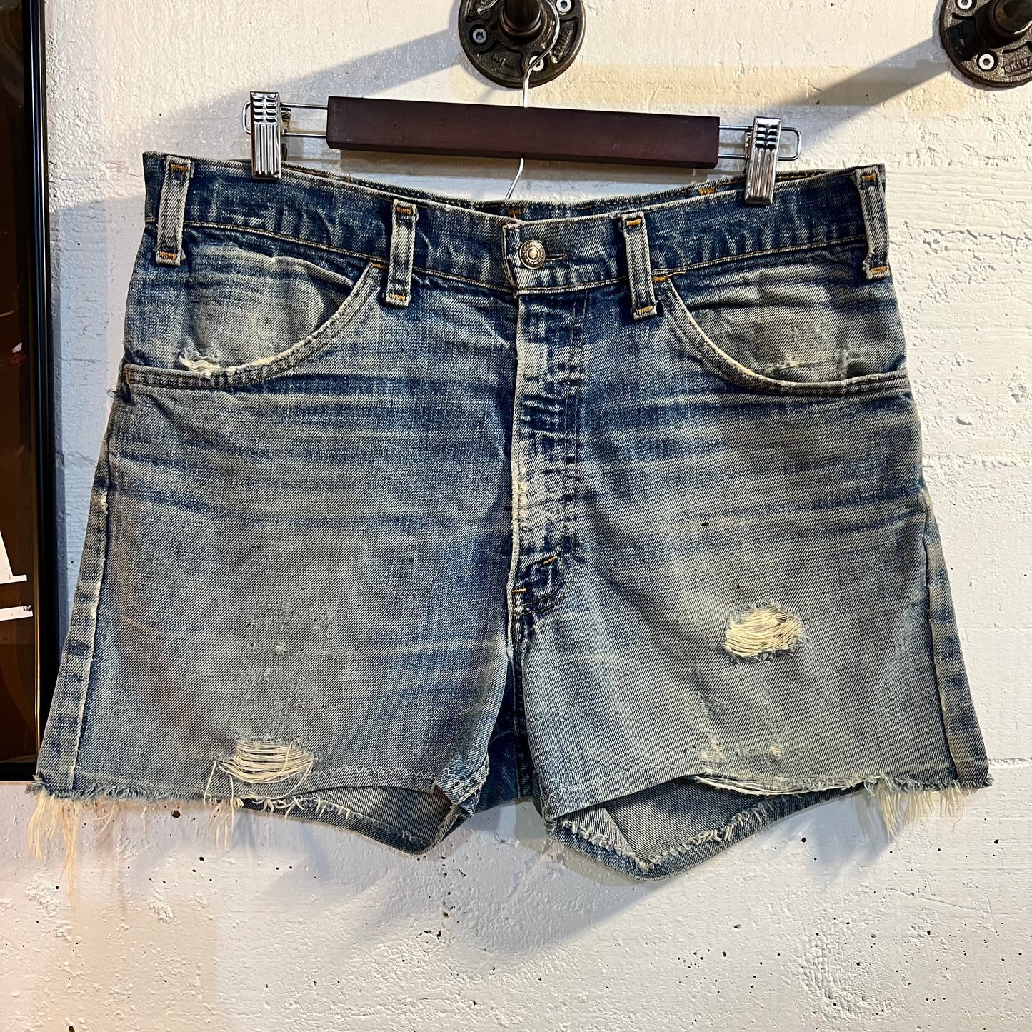 Vintage 70's Distressed Levi's Orange Tab Re-Worked Cut Off Denim Shorts - Size 33 - Light Wash - Made In USA
