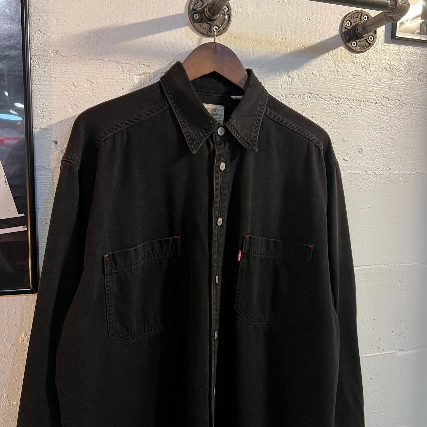 Vintage 90's Levi Red Tab Heavy Cotton Denim Button Up Shirt - Size Large - Faded Black Denim