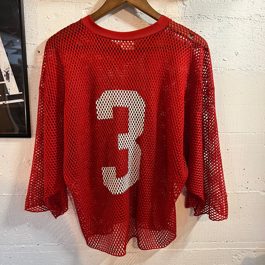 Vintage 70’s/80’s Medalists Sand•Knit Full Mesh ‘#3’ Football Jersey - Size Medium - Made In USA - Red/White