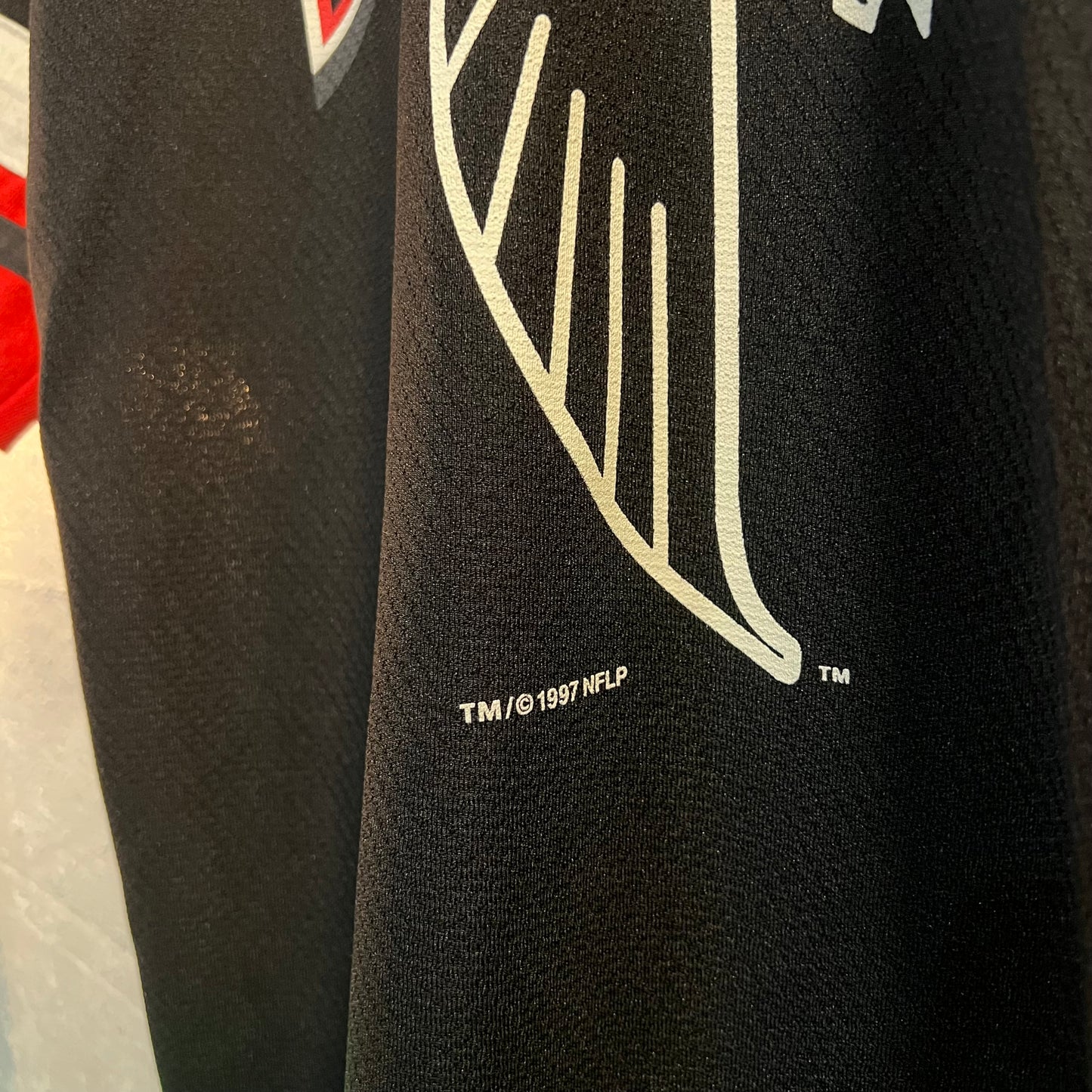Vintage 90's Atlanta Falcons NFL Scrimmage Jersey Shirt - Size Large - Single Stitch - Black/Red/White