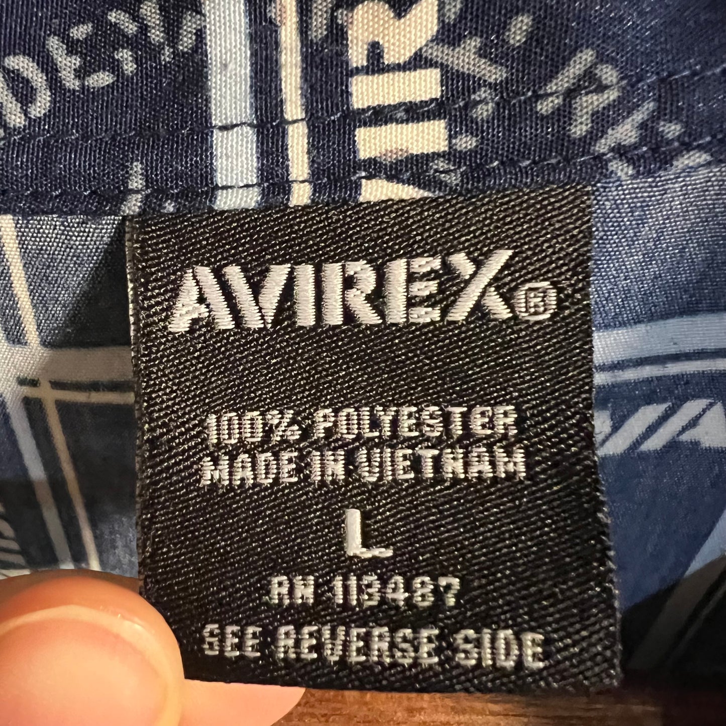 Vintage Avirex All Over Print Loop Collar Shirt - Size Large - Navy/White