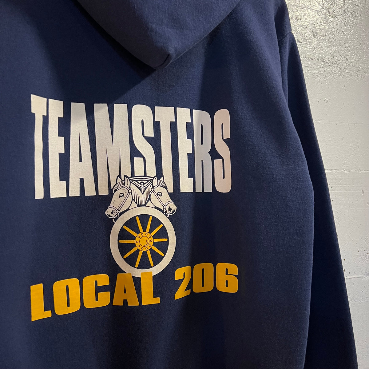 Vintage 80’s Teamsters Local 206 Hoodie Sweatshirt - Size Medium - Union Made In USA - Navy/White/Yellow