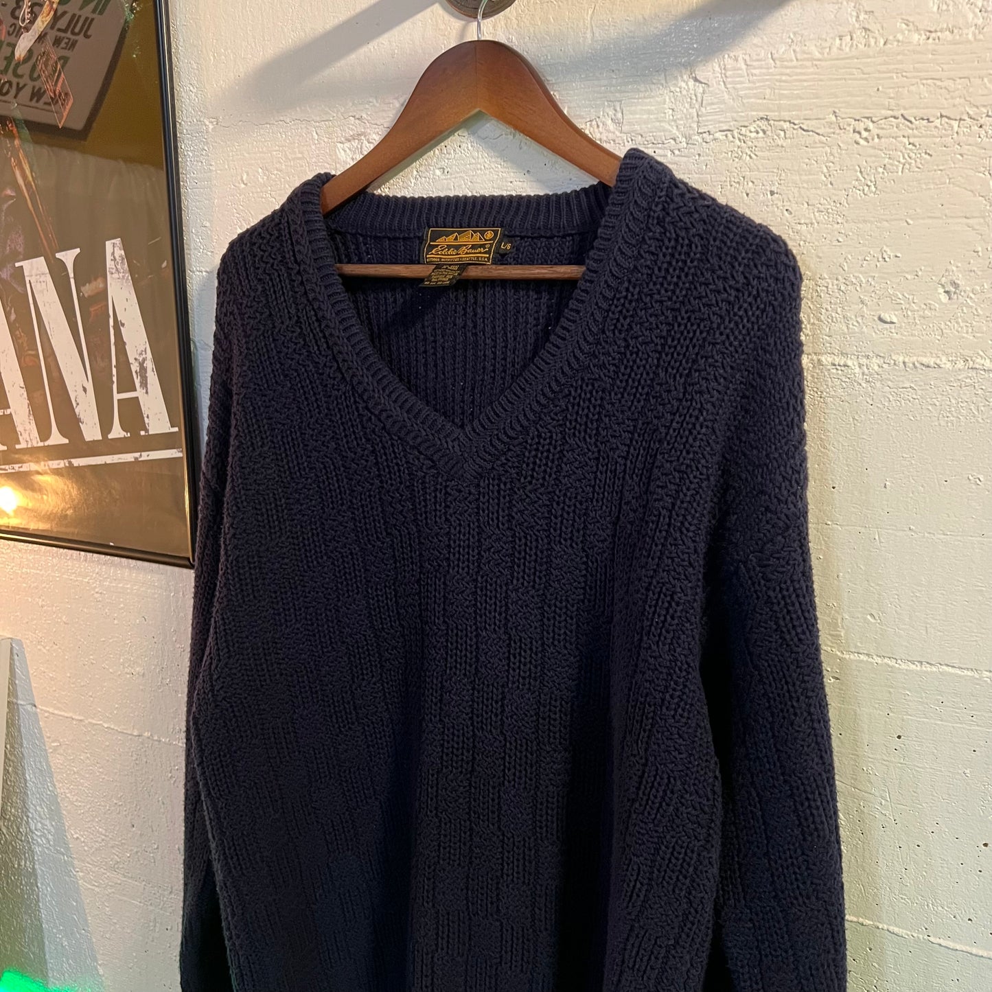 Vintage Eddie Bauer Cotton Knit V-Neck Sweater - Size Large - Navy - 100% Cotton