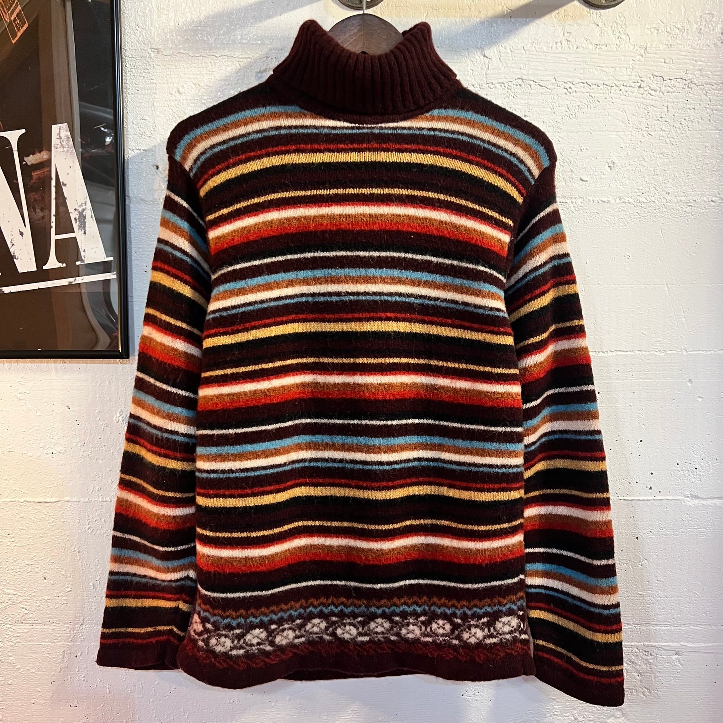 Vintage Striped Norwegian Style Wool Turtle-Neck Knitted Sweater - Size Large - Multicolor
