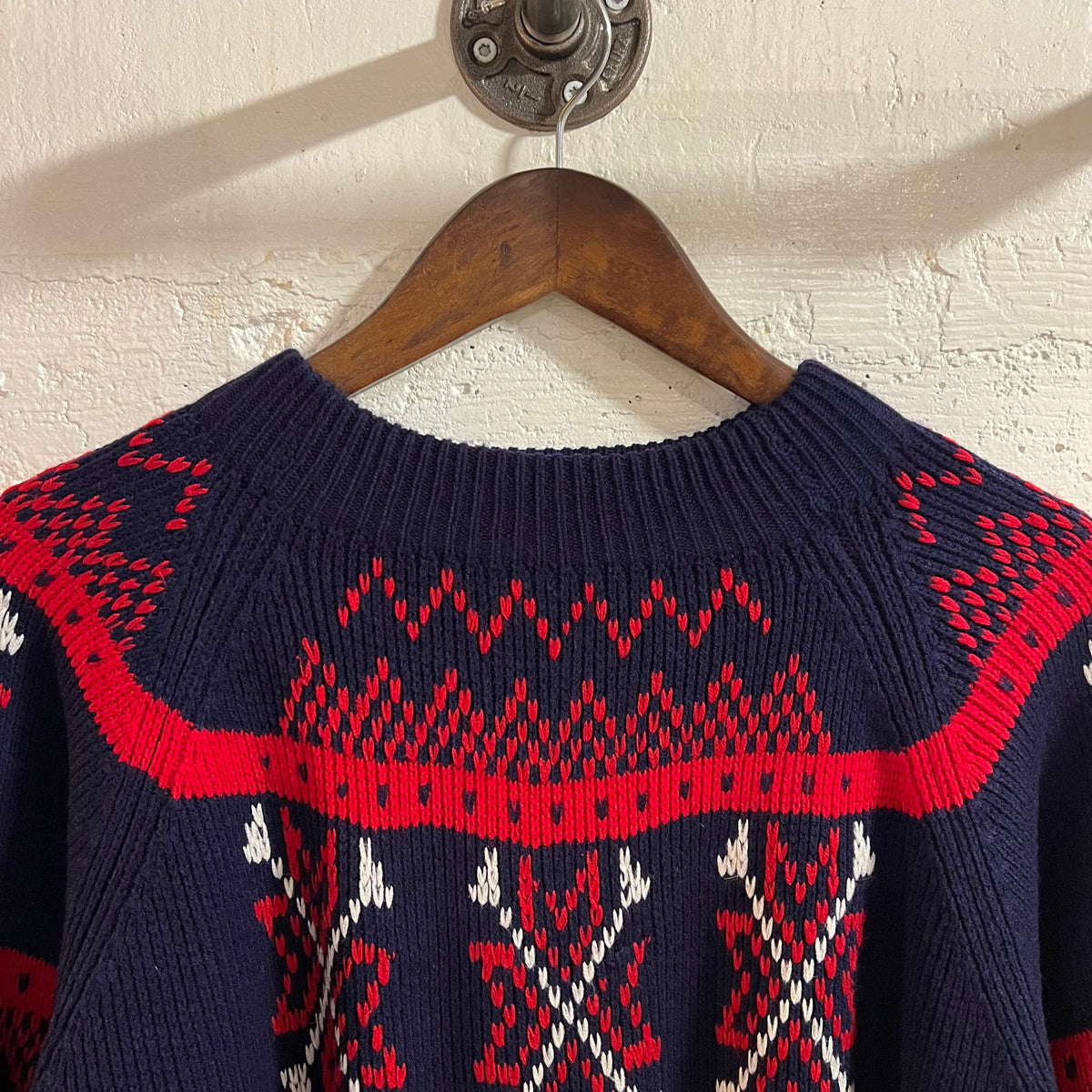 Vintage 70’s JCPenney Fair Isle Geometric Patterned Knit Raglan Sweater - Size Medium - Red/Navy/White