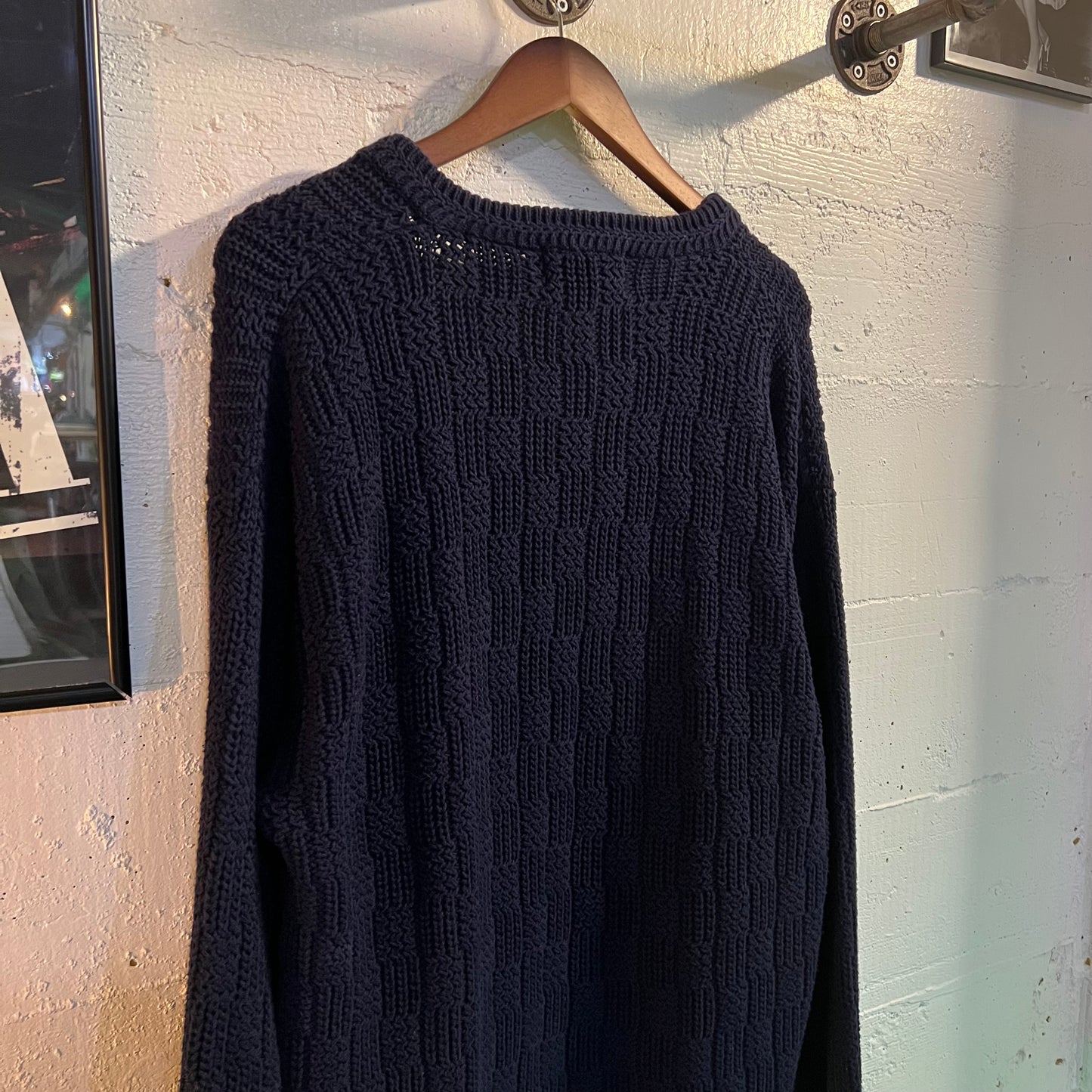 Vintage Eddie Bauer Cotton Knit V-Neck Sweater - Size Large - Navy - 100% Cotton
