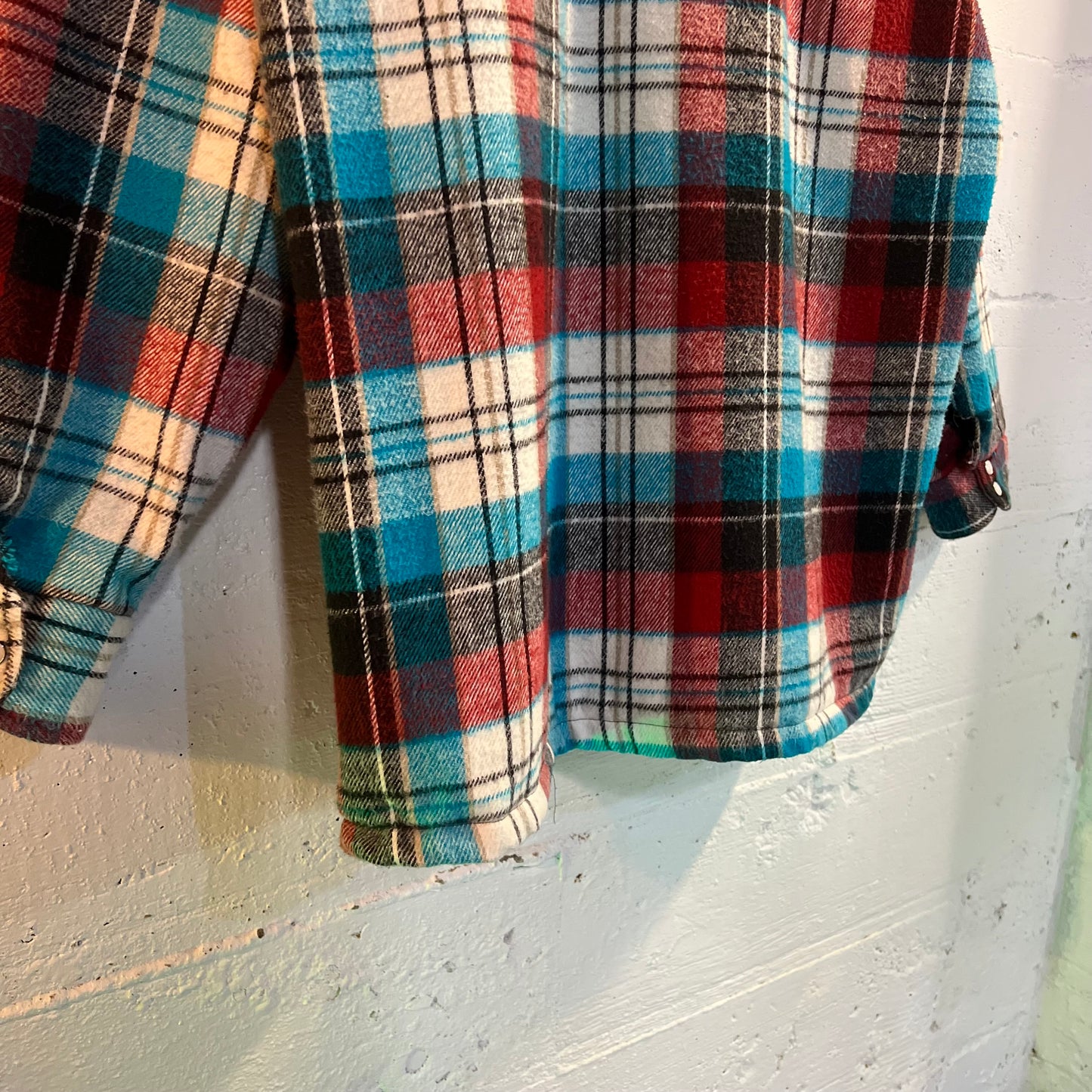 Vintage Quilted Plaid Pearl Snap Flannel Shirt - Size Large - Red/White/Blue