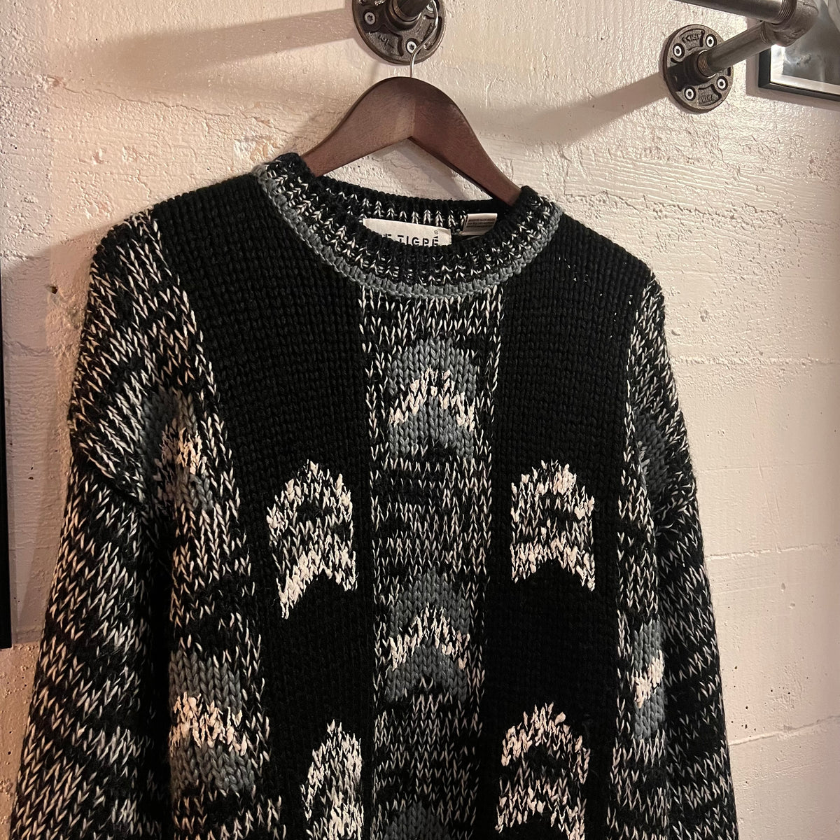 Vintage 80’s/90’s Le Tigré Heavyweight Acrylic Abstract Geometric Panel Knitted Sweater - Size Medium - Black/Blueish Grey/White