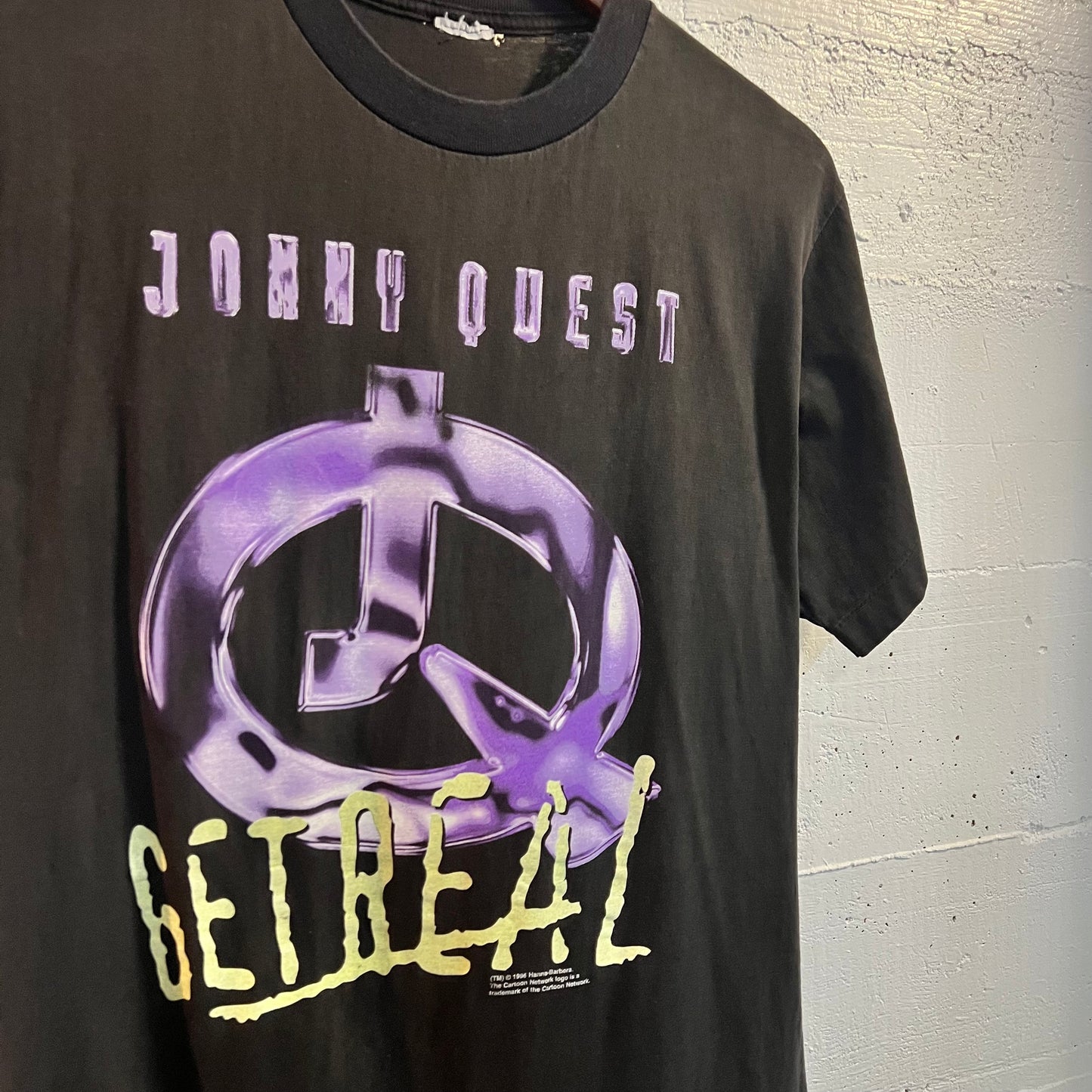 Vintage 90's Johnny Quest 'Get Real' Single Stitch T-Shirt - Size Medium - Made In USA - Black/Purple/Green