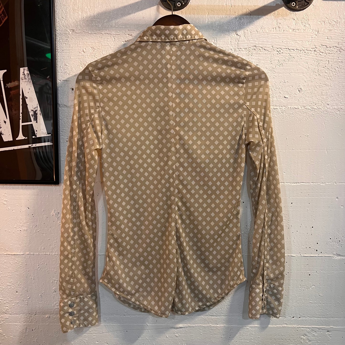 Vintage Diesel Nylon Button-Up Long Sleeve Collard Blouse - Size Small - White/Beige - Made In Italy