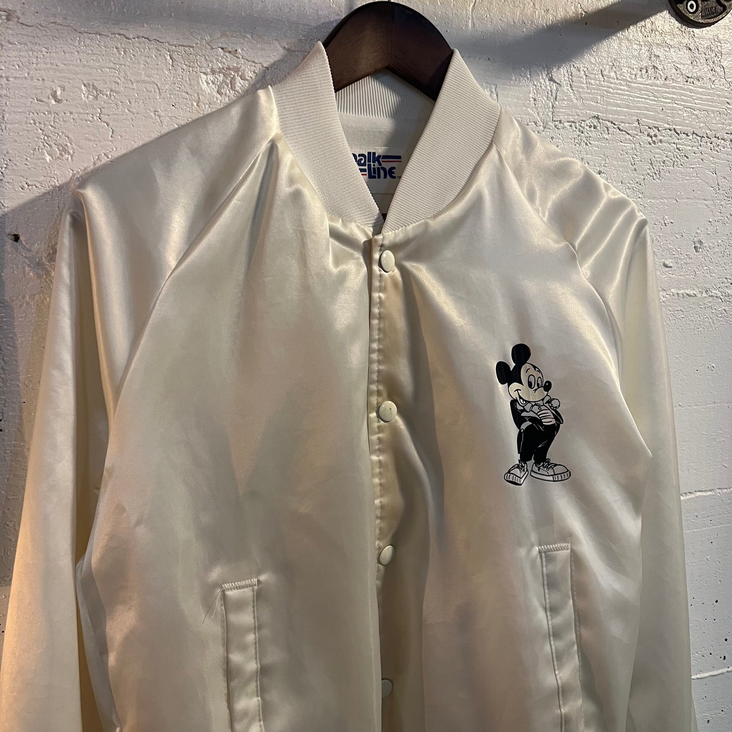 Vintage 1987 Walt Disney Mickey Mouse 60 Year Anniversary Satin Bomber Jacket - Size Small - White - Chalk Line