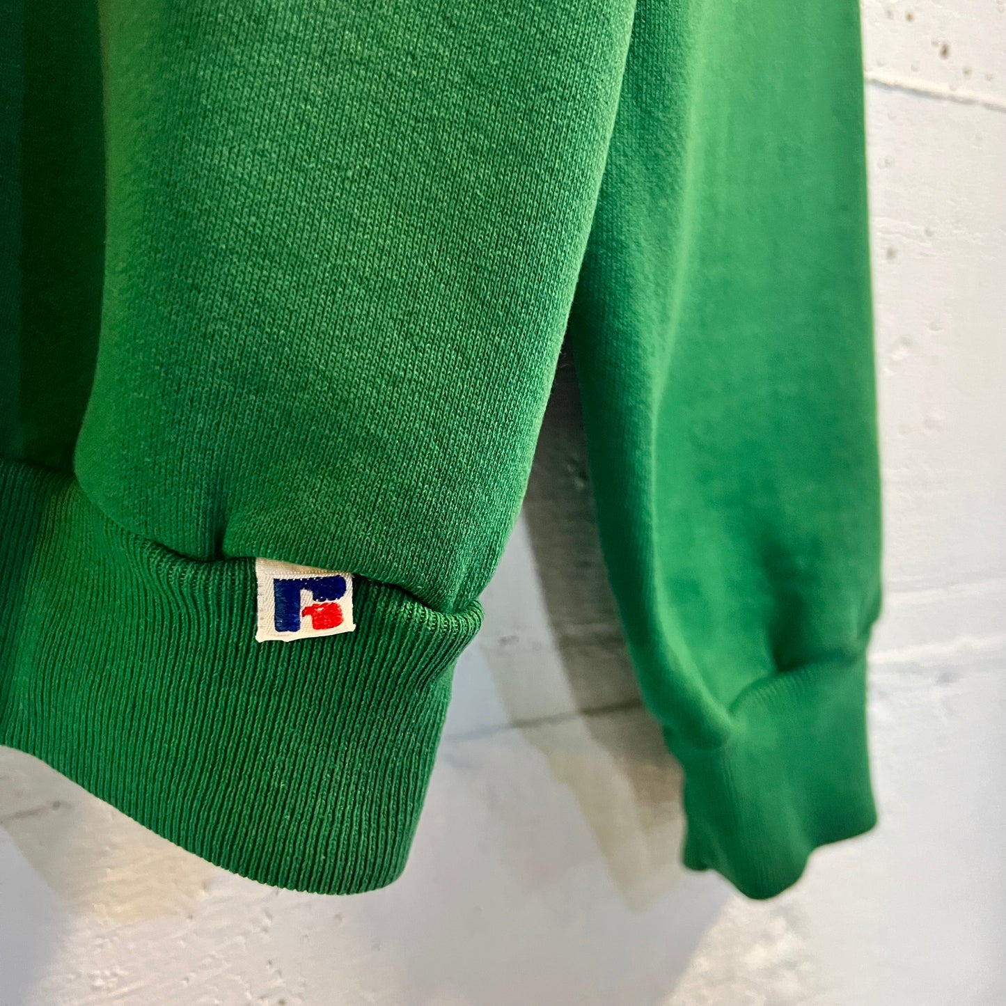 Vintage 1980's Distressed Russell Athletic Huskies Collegiate Crewneck Sweatshirt - Size Medium - Made In USA - Green/White/Black