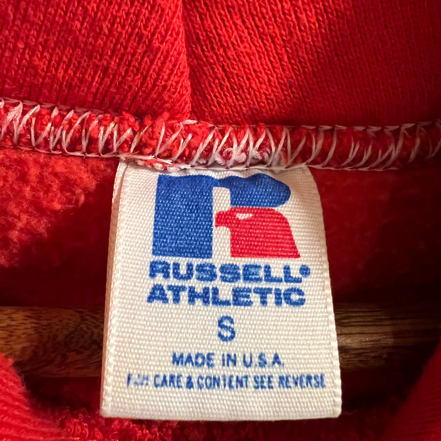 Vintage 90’s Russell Athletic B-W Hawks 180 Hoodie Sweatshirt - Size Small - Made In USA - Red/Black/White