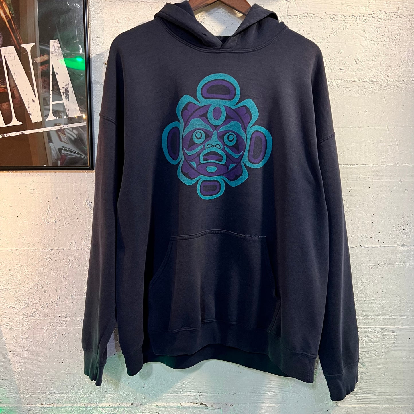 Vintage 90's Distressed Native Totem Art Pullover Hoodie - Size XL - Faded Navy