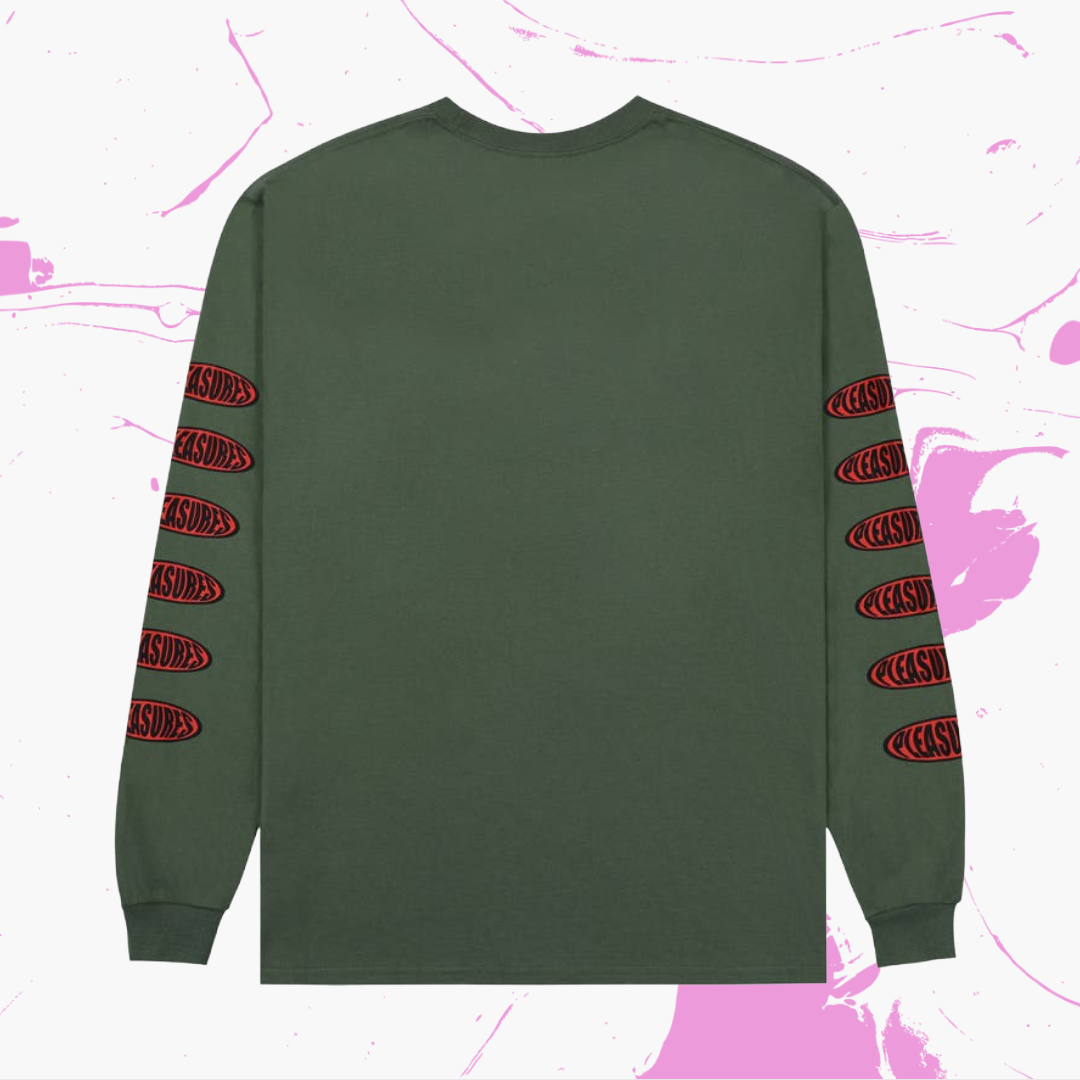 *New* PLEASURES 'Bubble Logo' Long Sleeve Graphic T-Shirt - Size XL - Olive