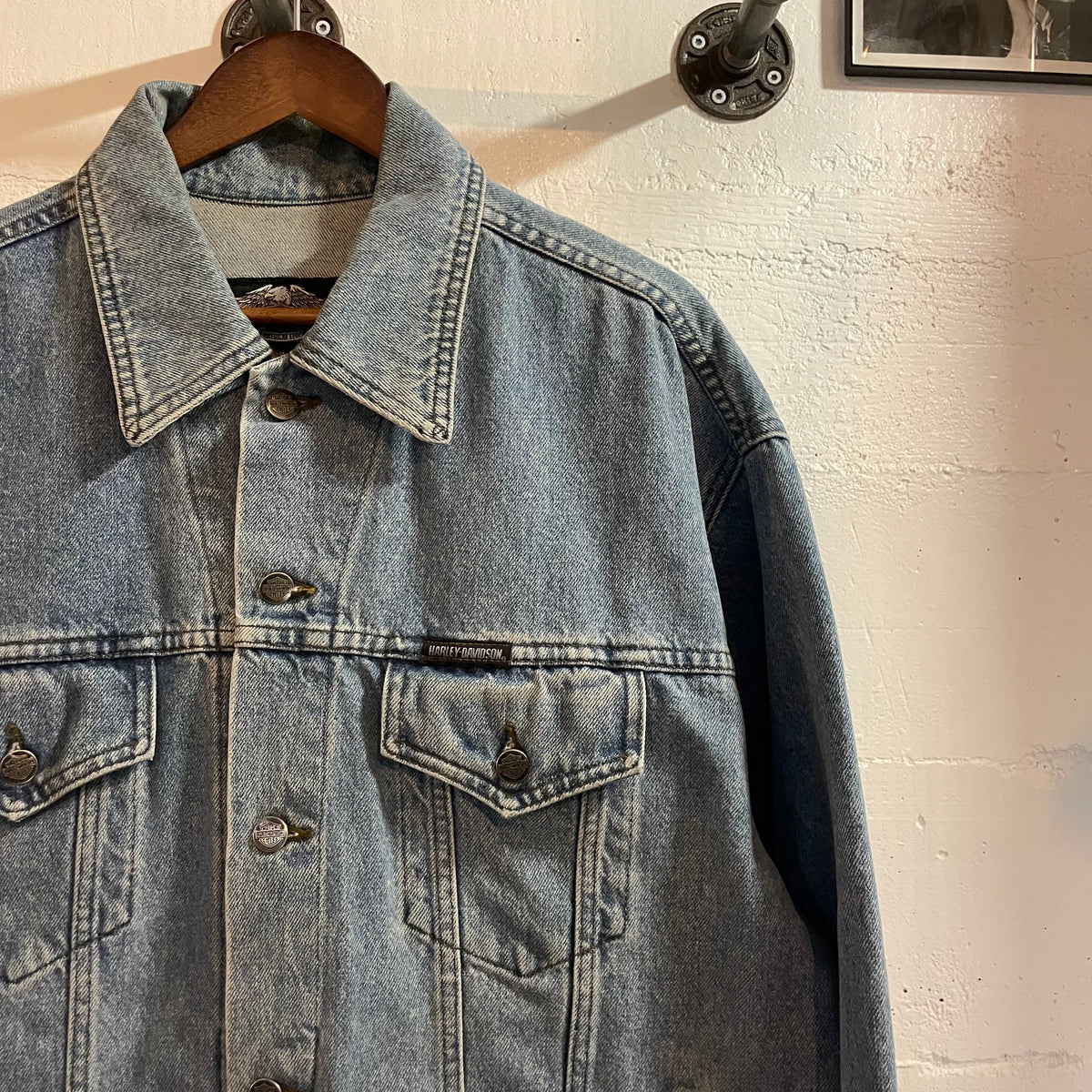Vintage 90's Harley Davidson Embroidered Bar & Shield Denim Jacket - Size Medium - Made In Canada - 100% Cotton