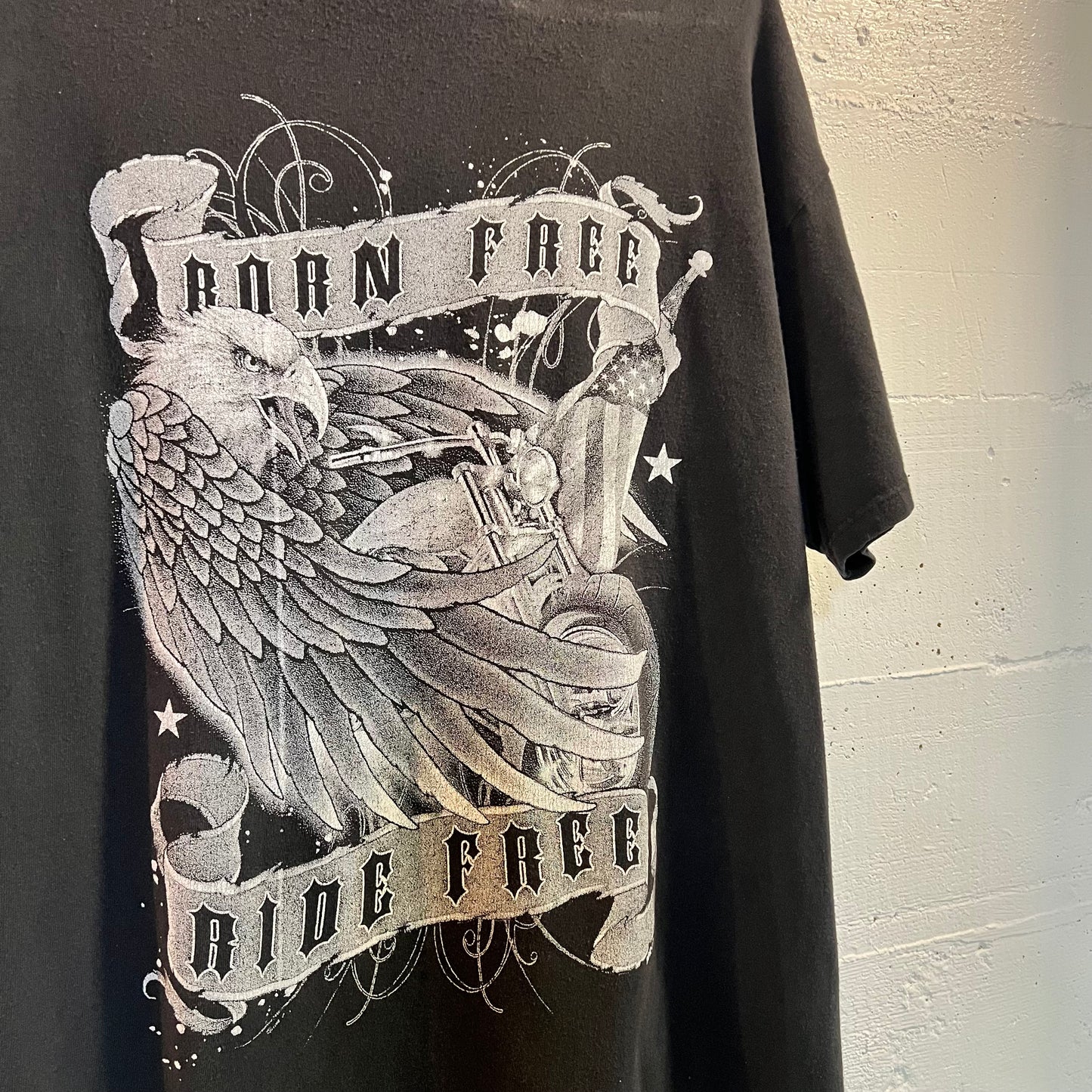 Vintage Born Free Ride Free Eagle Biker T-Shirt - Size XL - Black/White