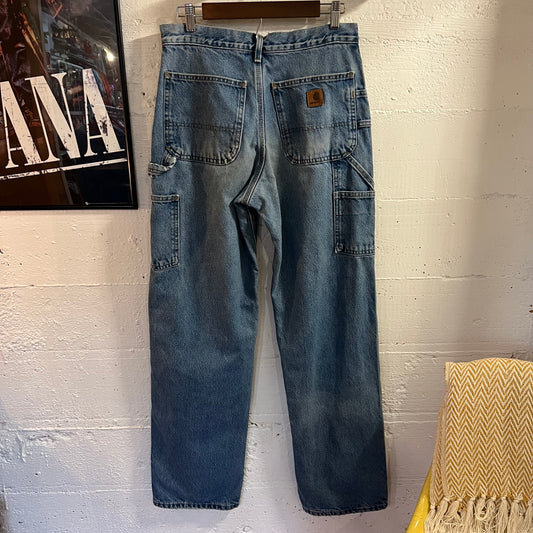 2000's Distressed Carhartt Flannel Lined Dungaree Fit Denim Carpenter Jeans - Size 31" x 34" - Light Wash Indigo - B236-DST