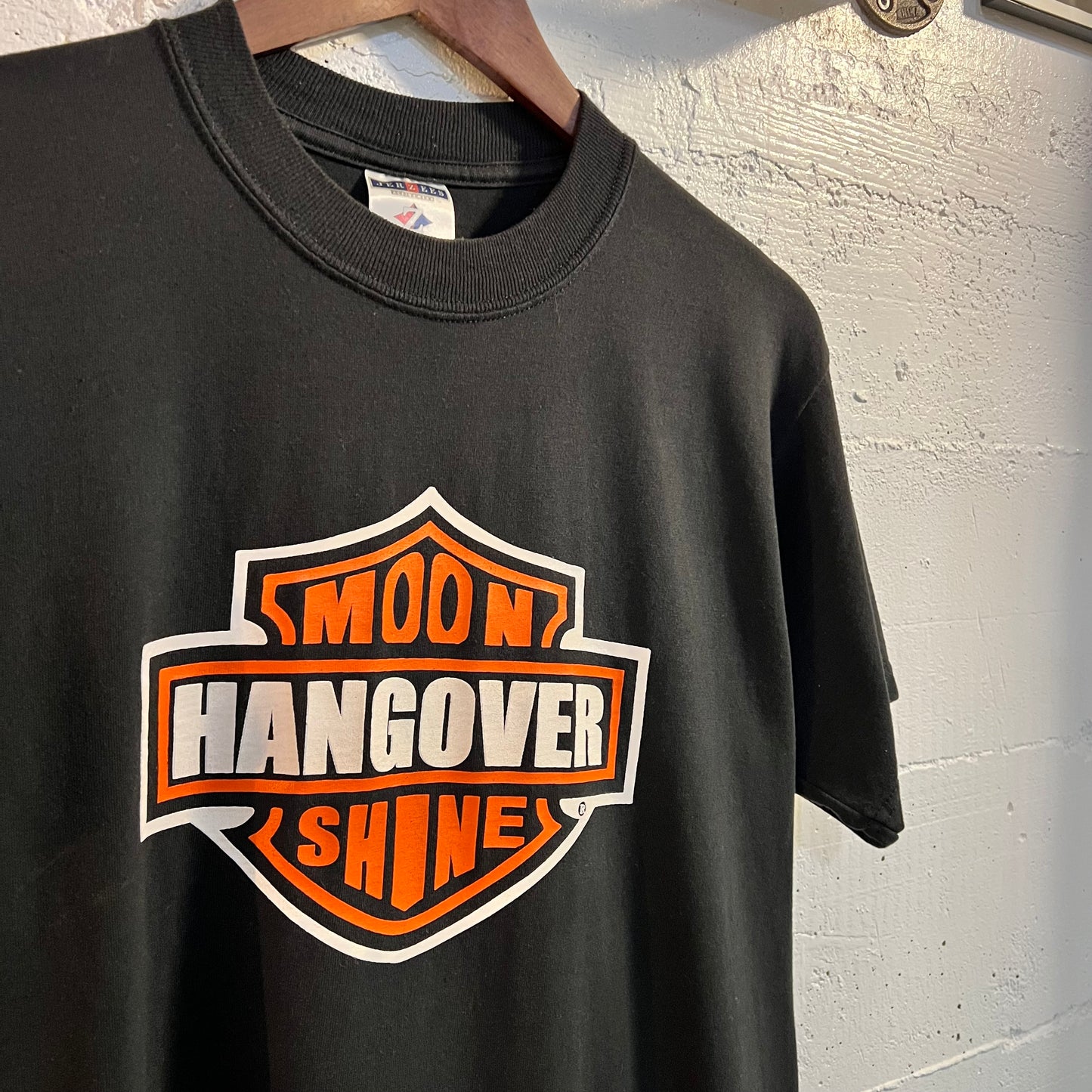 Vintage Jerzees Moon Shine Hangover Harley T-Shirt - Size Medium - Black/White/Orange