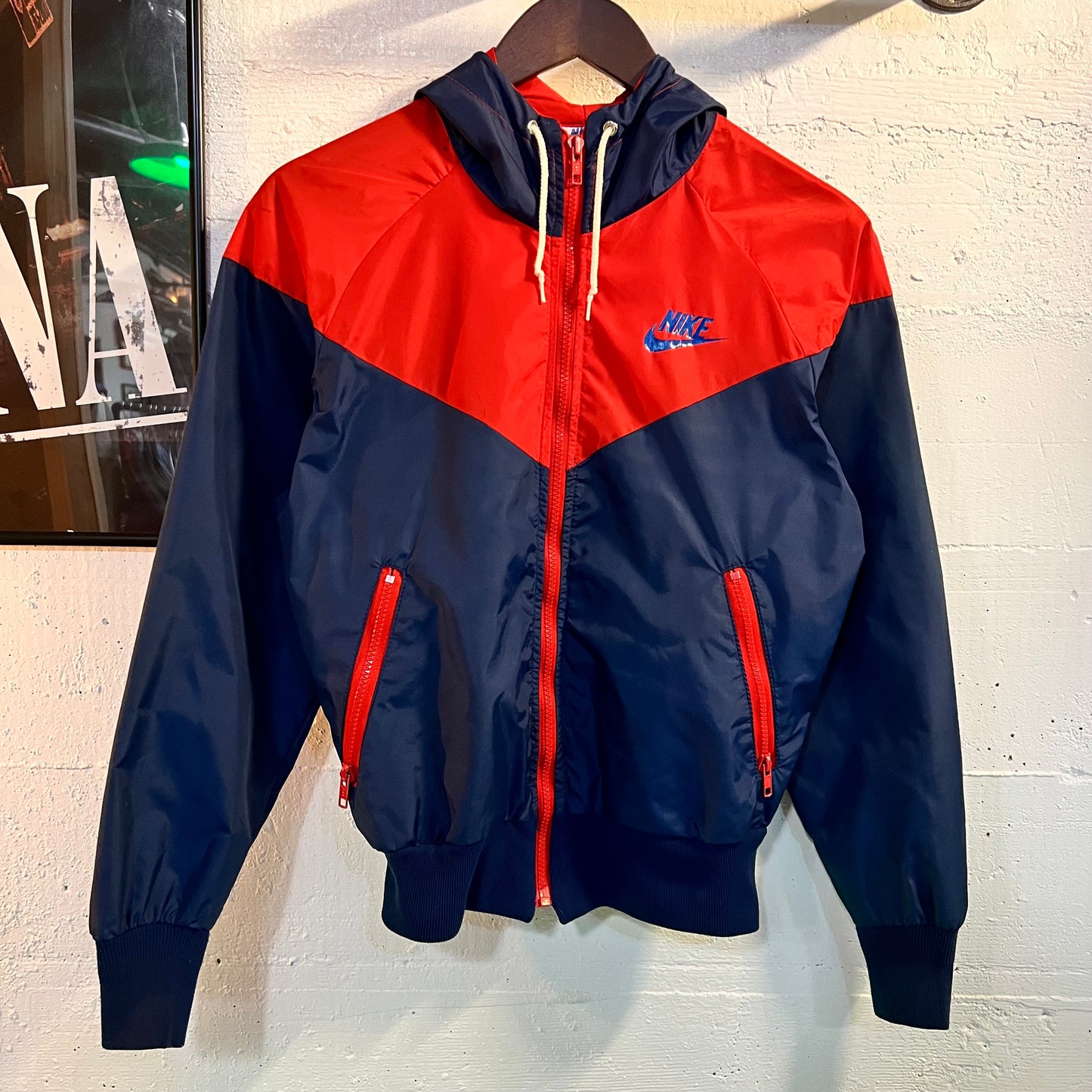 Vintage 1970's/80's Nike Colorblocked Hooded Windbreaker Jacket - Size Small - Made In USA - Red/Blue