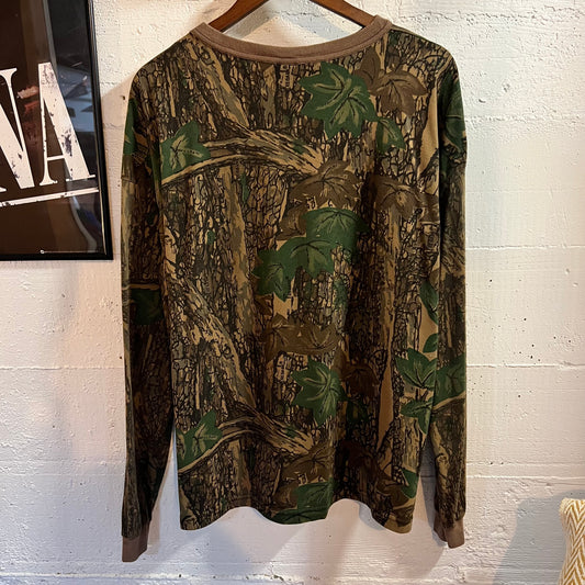 Vintage 80’s Ace Sportswear Realtree Bark Camo Long Sleeve Pocket T-Shirt - Size XXL - Made In USA - Earth Toned