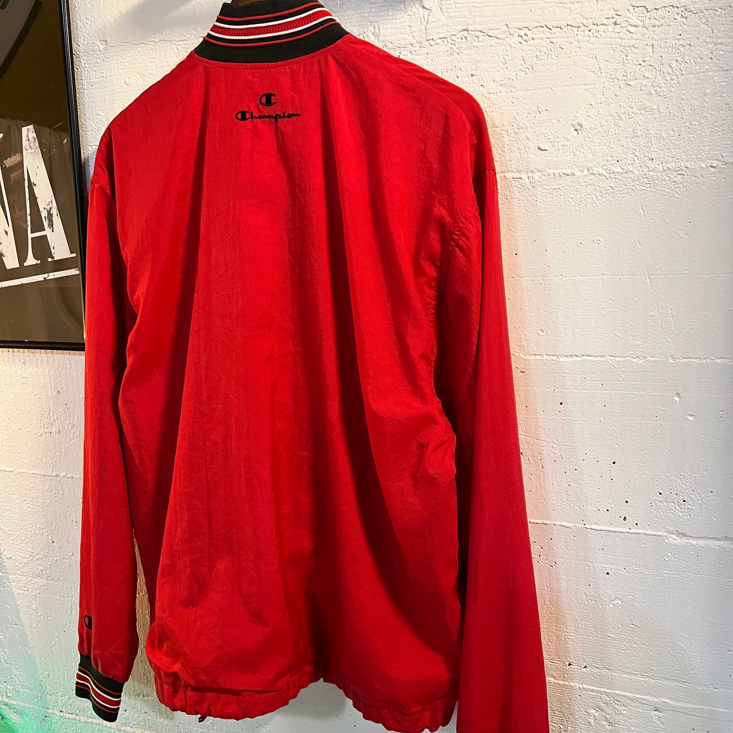 Vintage Distressed 90s Champion 1/4 Zip Up Windbreaker Jacket - Size Medium - Red/Black