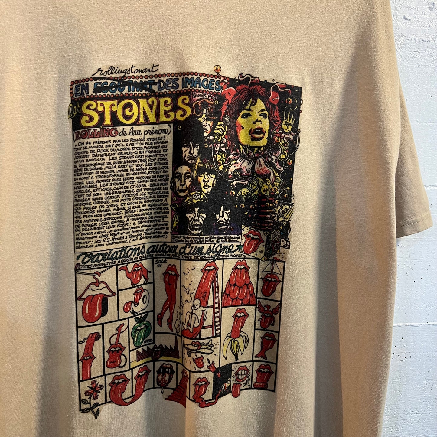 Vintage 90's Rolling Stones French Advertisement Art T-Shirt - Size XL - Tan/Multi