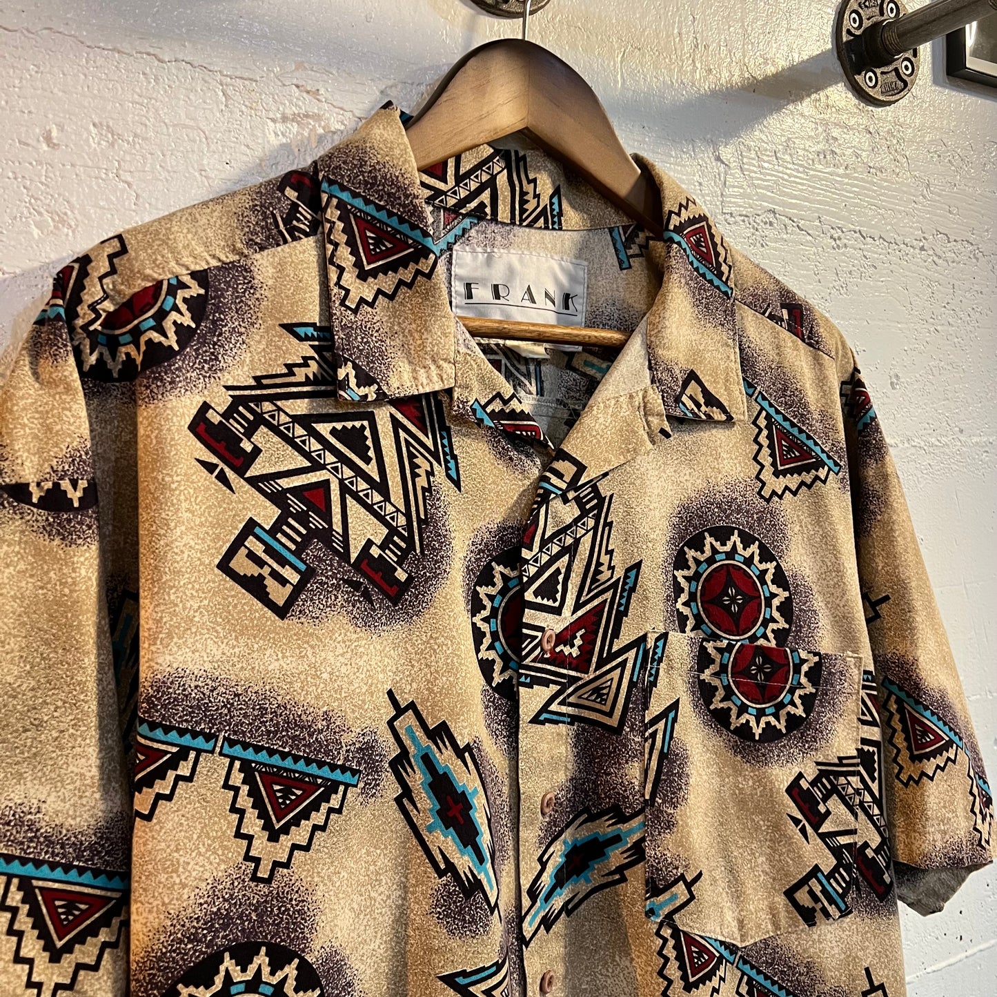 Vintage Frank Southwestern Print Shirt - Size Large - Made In USA - Tan/Earth Tones/Multicolor