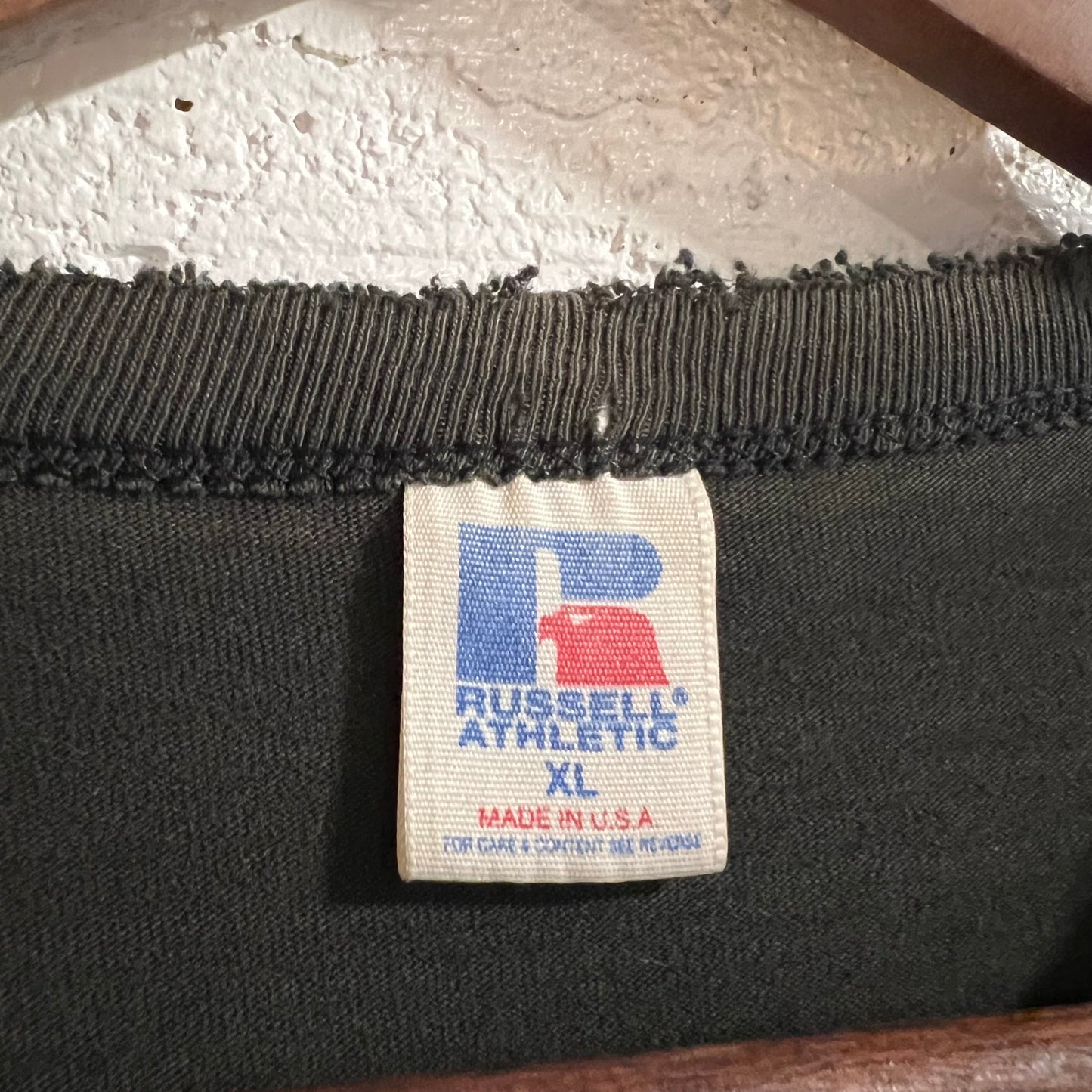 Vintage 90's Exceptionally Distressed Russell Athletic Blank T-Shirt - Size XL - Made In USA - Faded Black