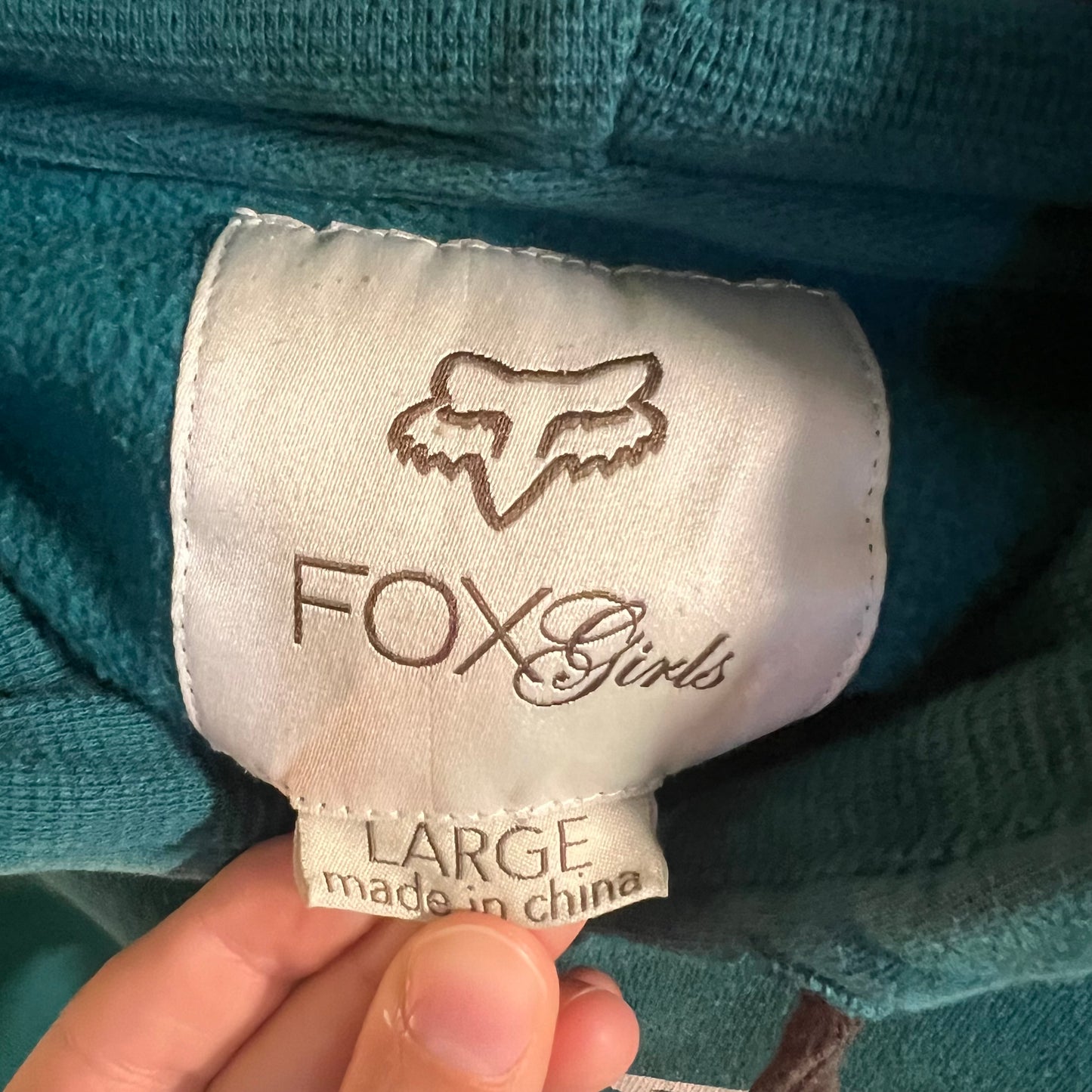 Vintage 2000's Y2K Fox Racing Girls 'You Love Fox' Zip-Up Sweatshirt - Size Large - Teal/White