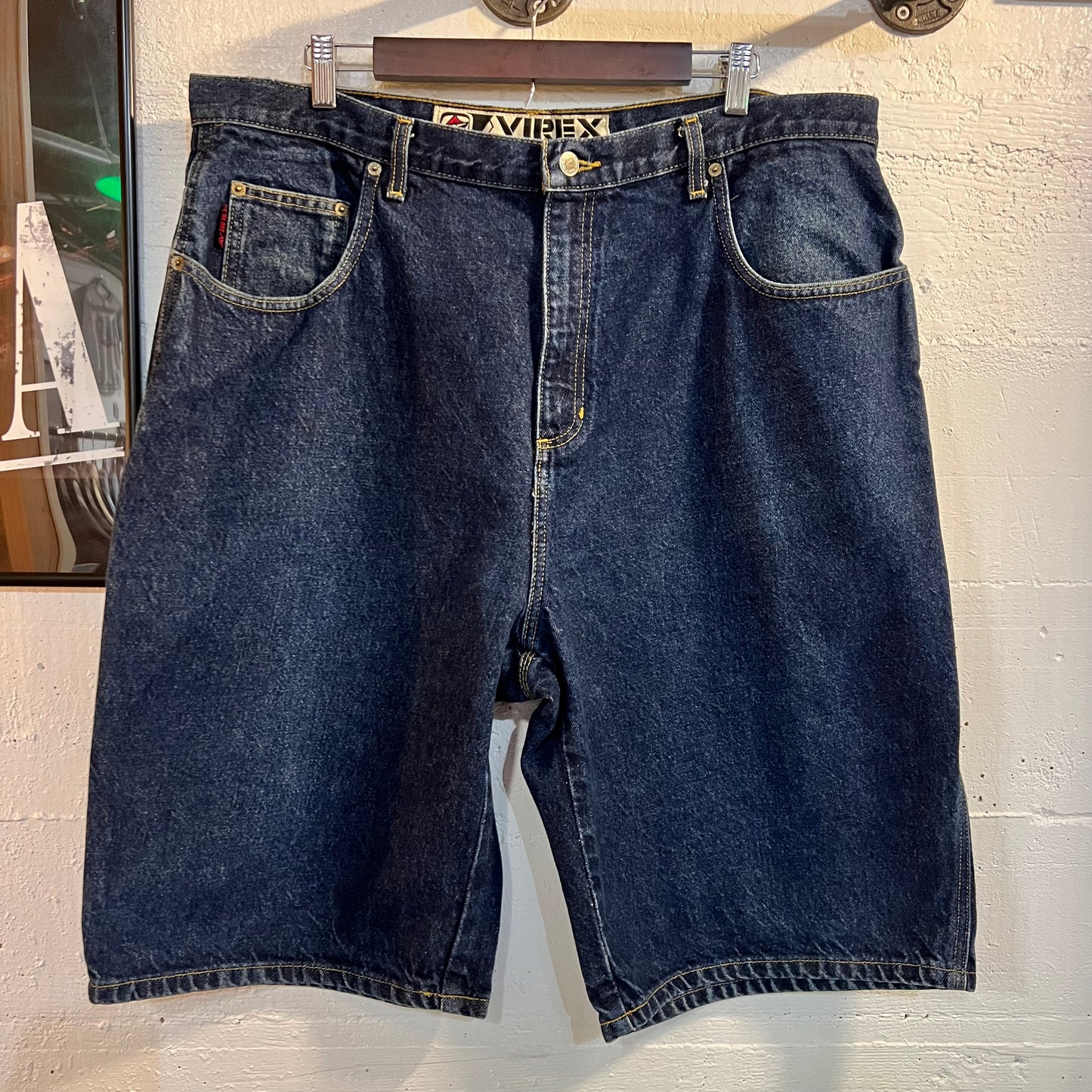 Vintage 90's Avirex Heavyweight Baggy Denim Utility Jean Shorts (Jorts) - Size 38" - Dark Wash Indigo