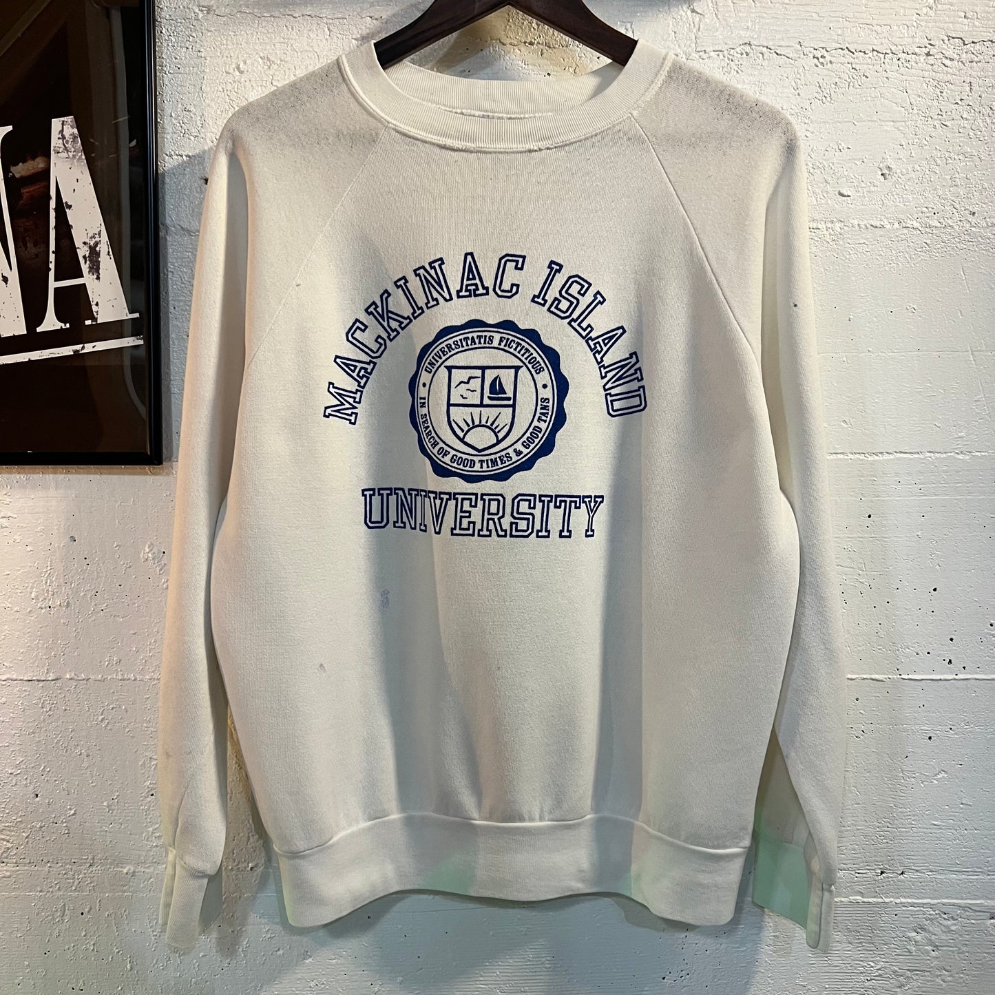 Vintage 80’s Distressed Mackinac Island University Raglan Sleeve Crewneck Sweatshirt - Size Large - Made In USA - White/Blue