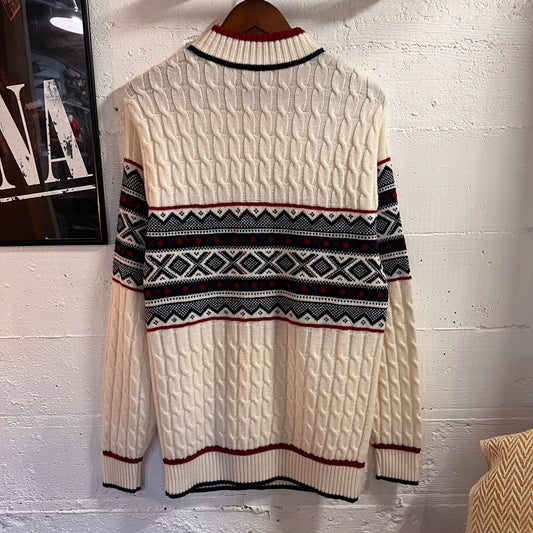 Vintage 70’s Lord Jeff Fair Isle Chest-Stripe Cable Knit Patterned Knitted Sweater - Size Large - Made In USA - White/Maroon/Navy