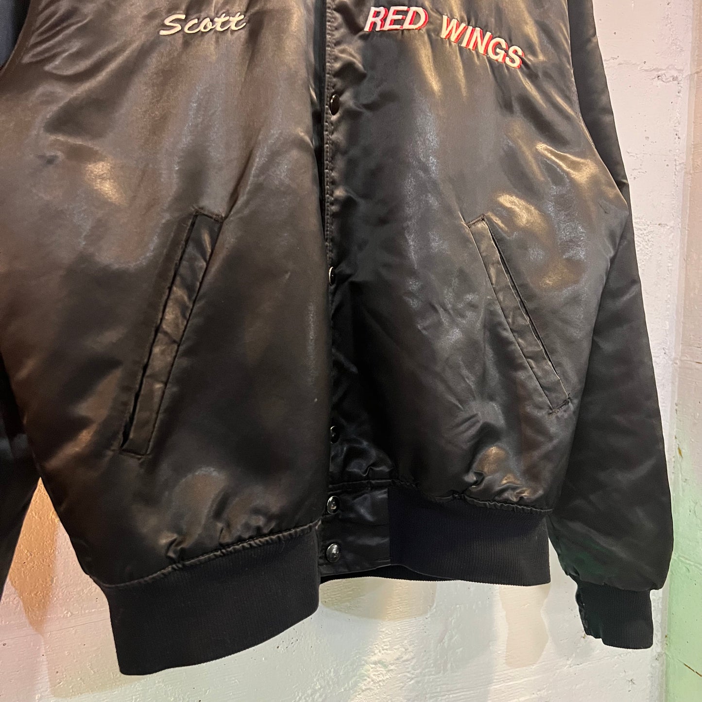 Vintage 80's Starter NHL Center Ice Detroit Red Wings Satin Bomber Jacket - Size Medium - Made In USA - Black/Red